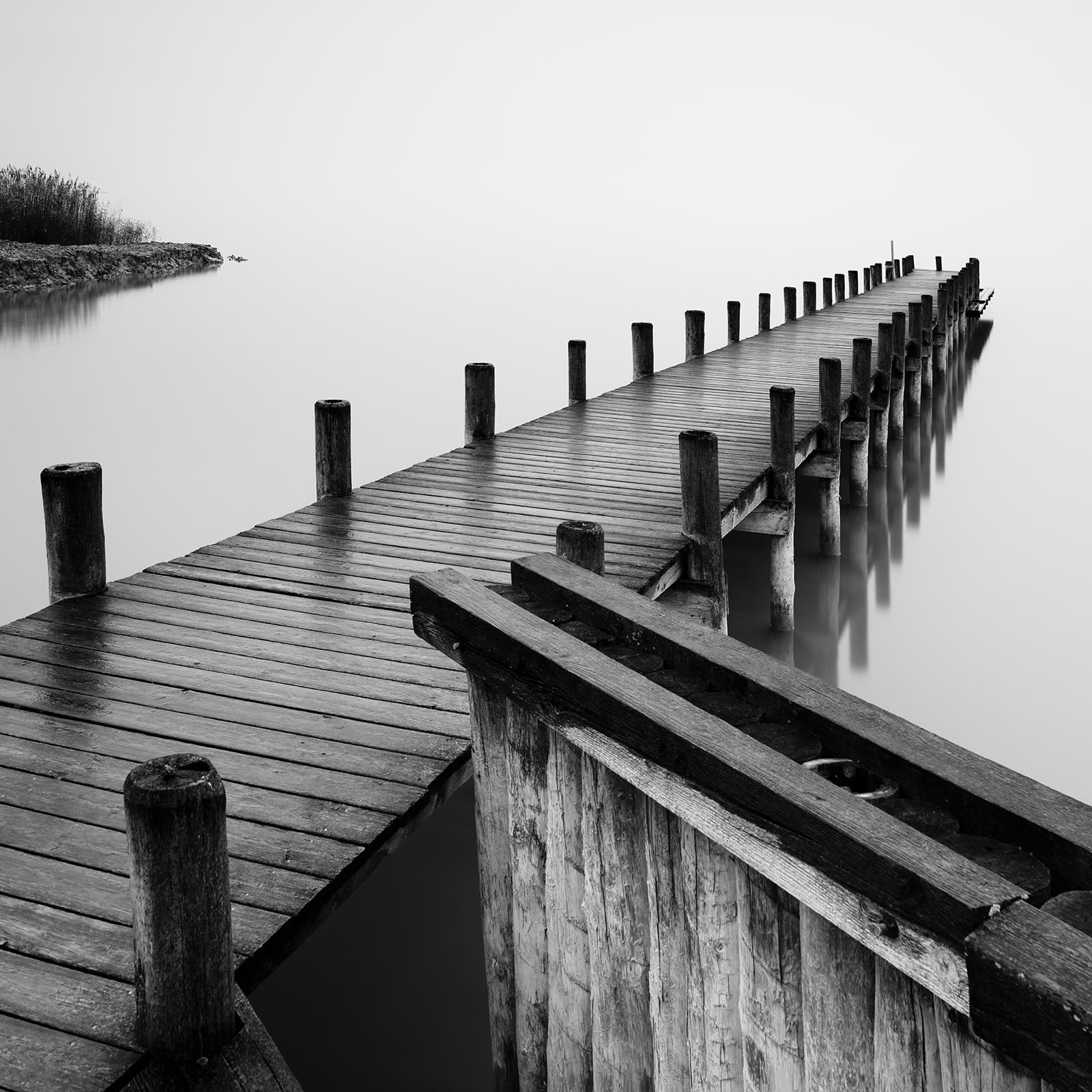 Jetty on calm Lake, silent misty morning, black and white, fine art waterscape For Sale 4