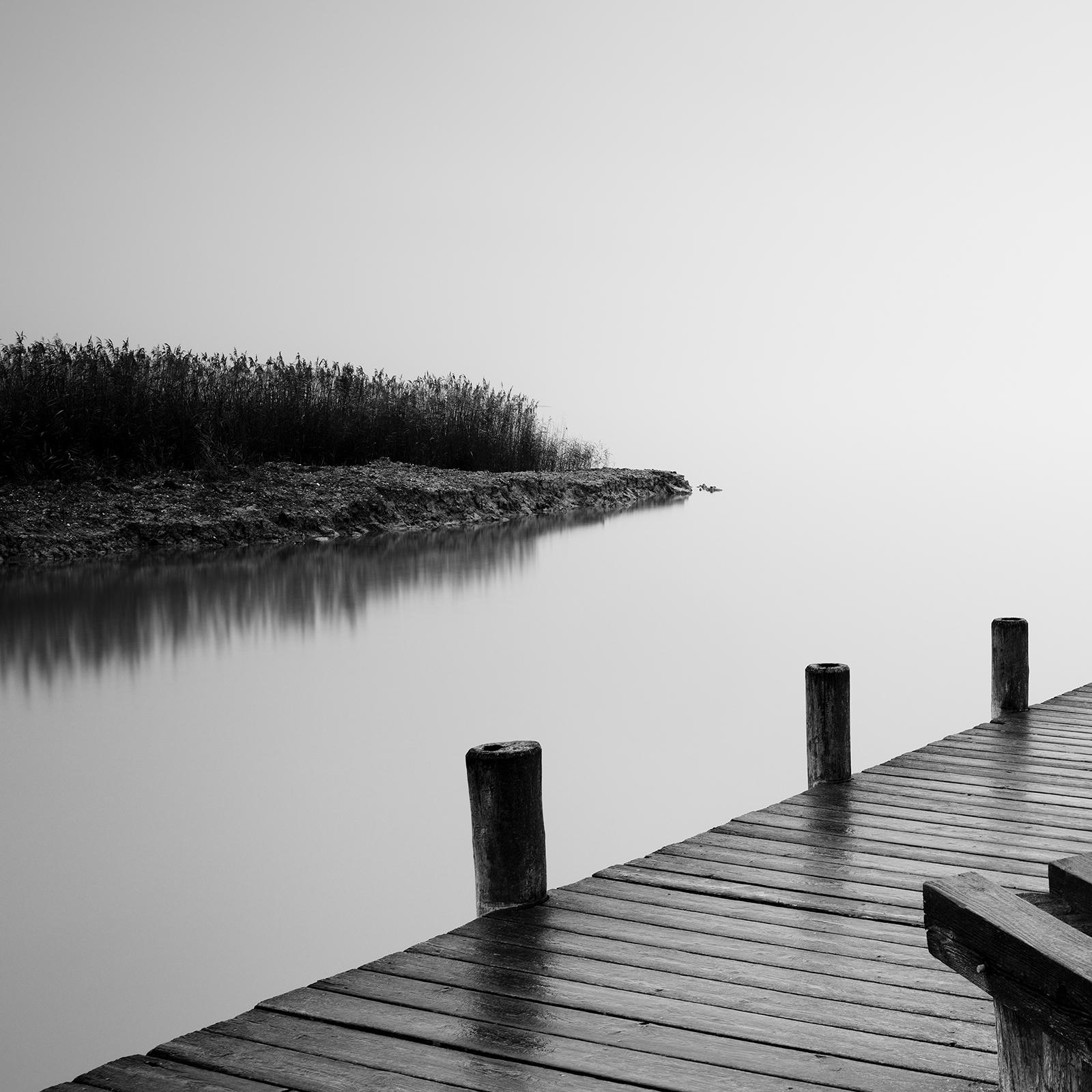 Jetty on calm Lake, silent misty morning, black and white, fine art waterscape For Sale 5