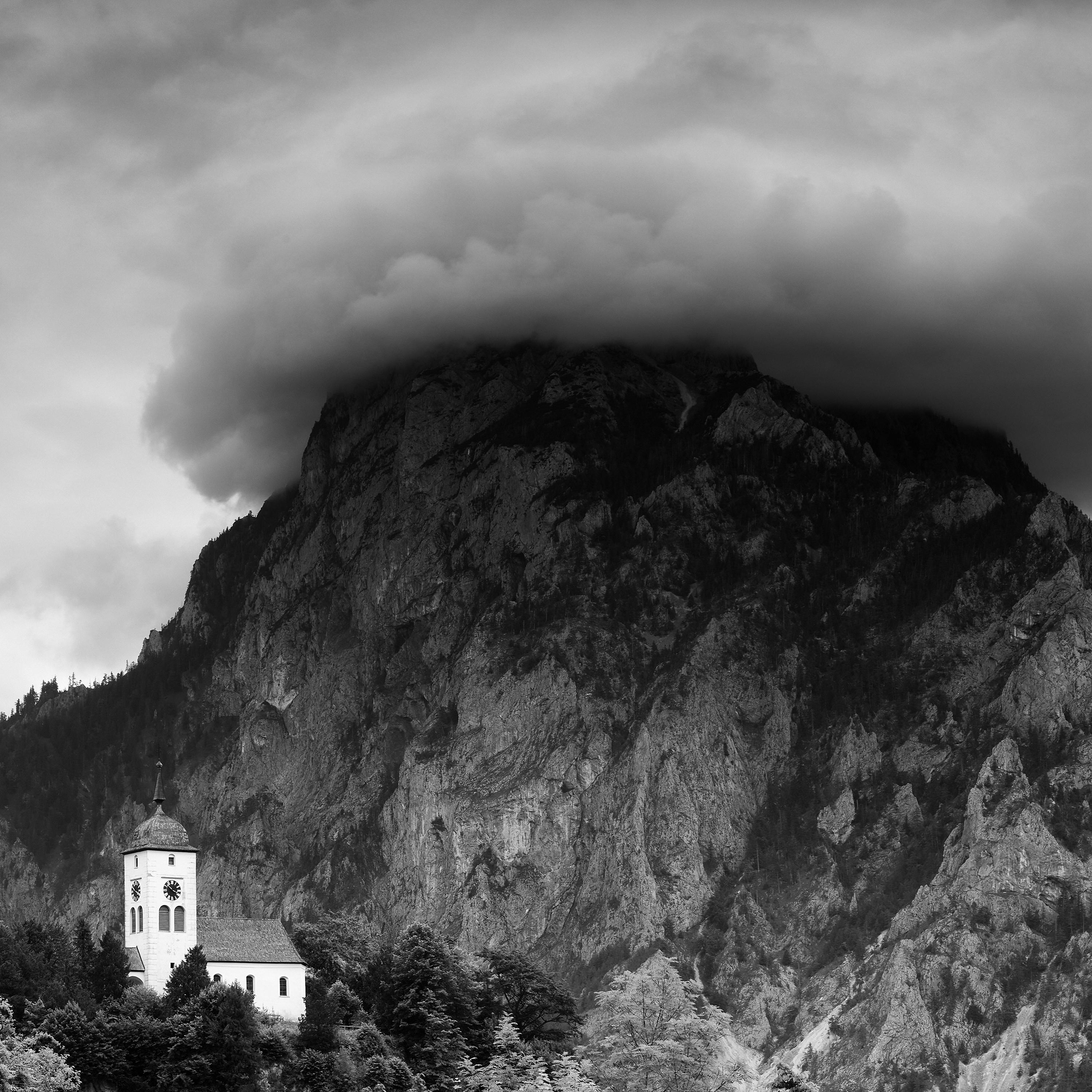 Johannesbergkapelle mountain chapel lake black & white landscape art photography For Sale 4