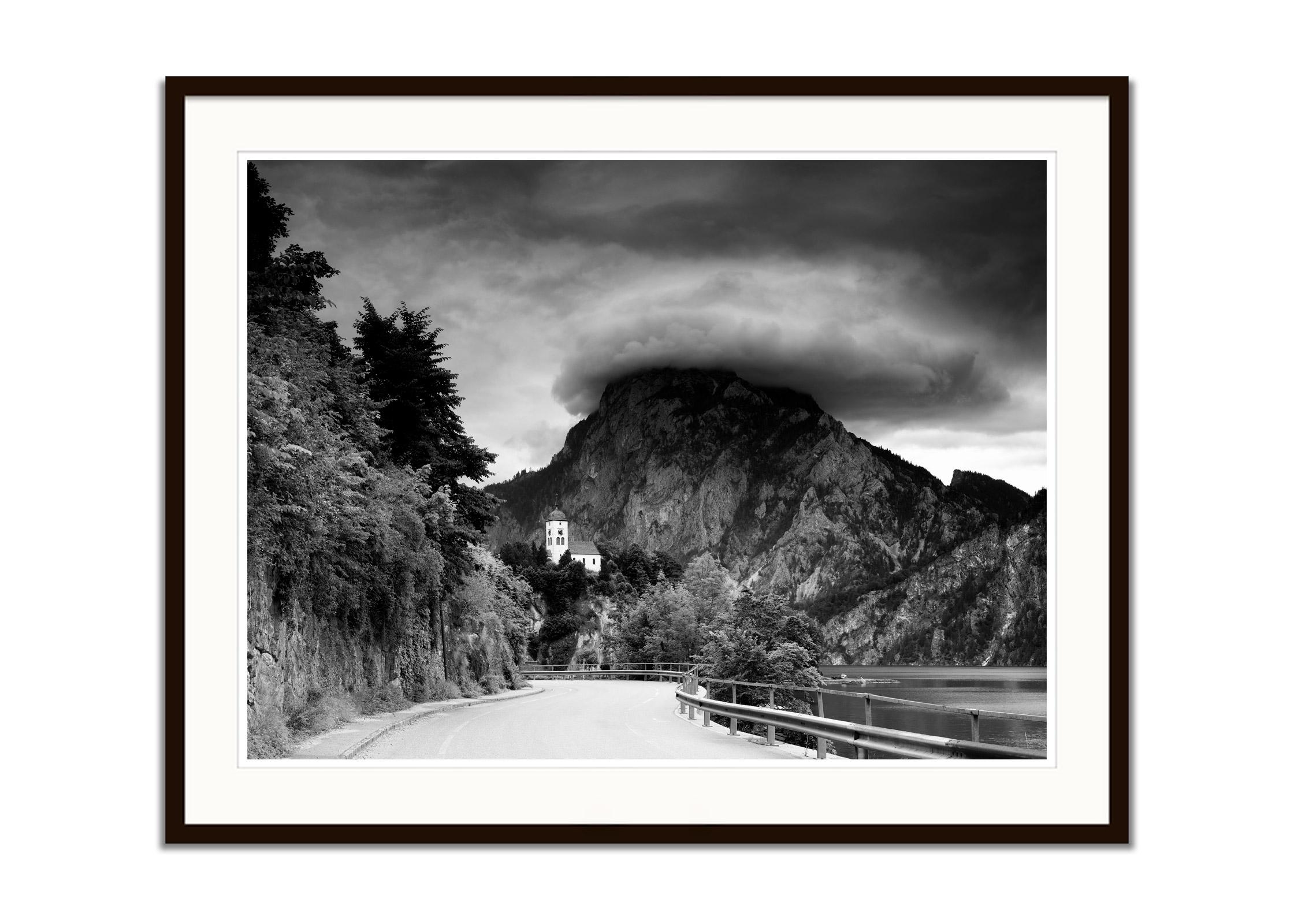 Johannesbergkapelle mountain chapel lake black & white landscape art photography - Contemporary Photograph by Gerald Berghammer