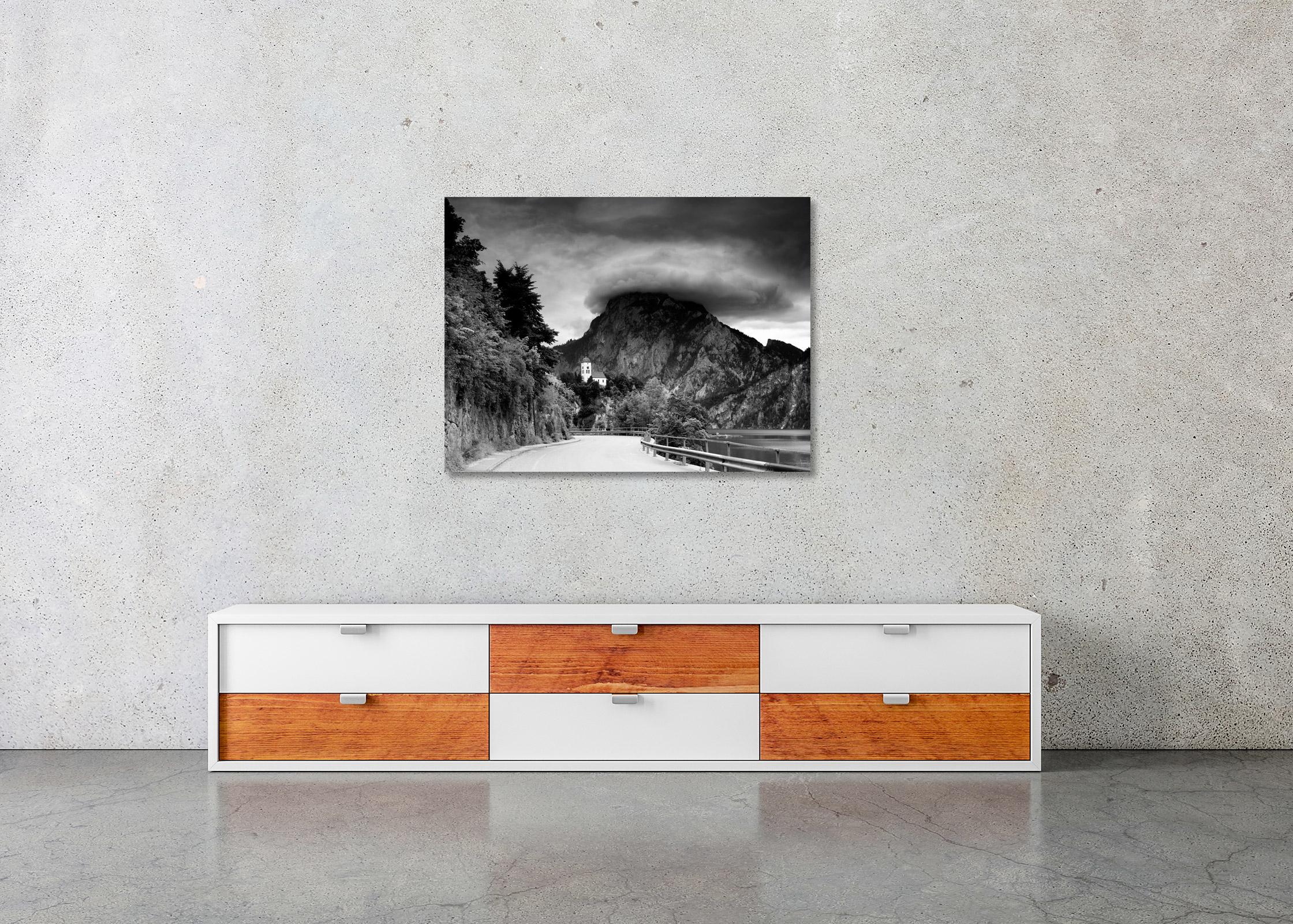 Johannesbergkapelle mountain chapel lake black & white landscape art photography For Sale 1