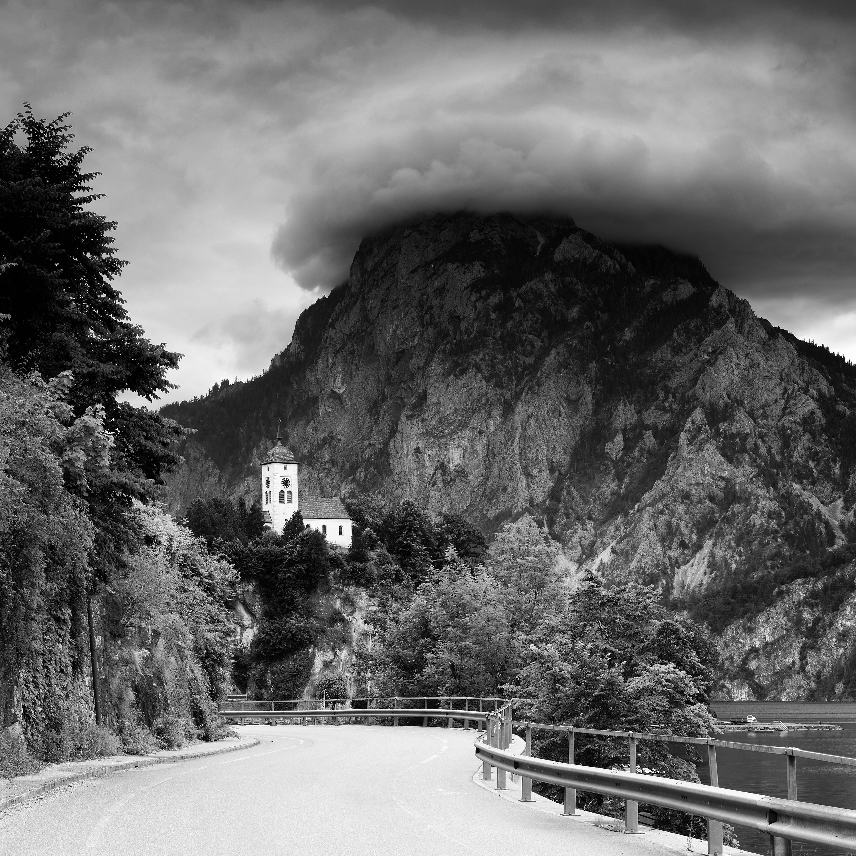 Johannesbergkapelle mountain chapel lake black & white landscape art photography For Sale 2