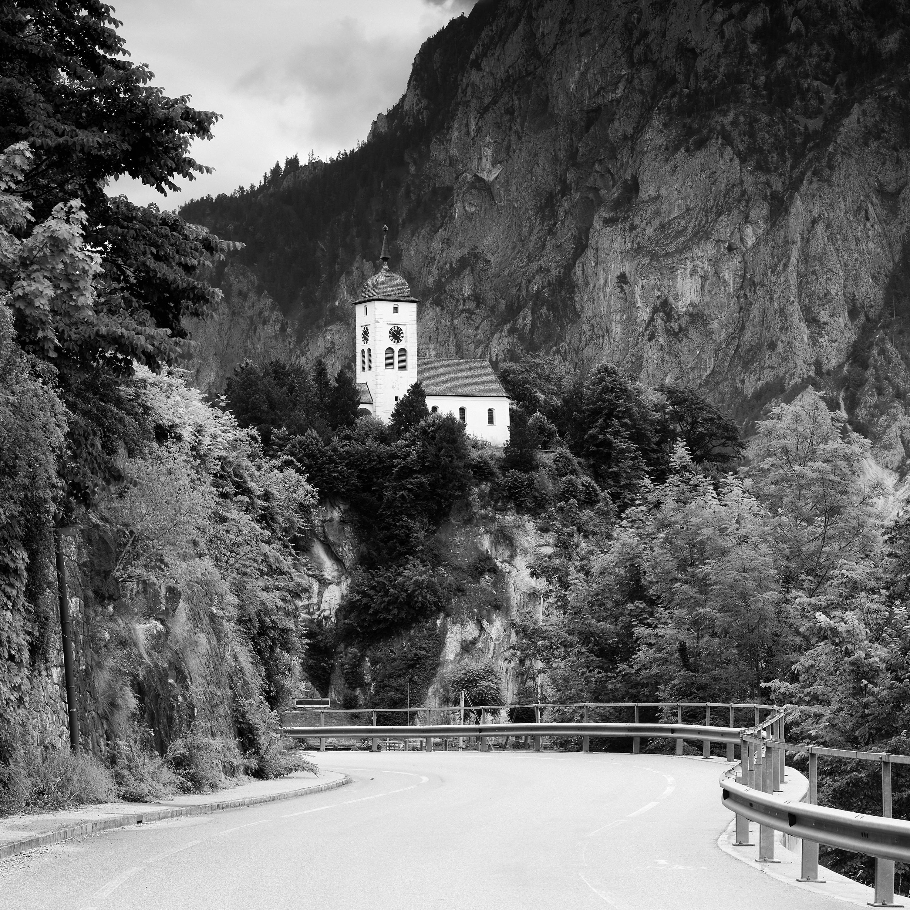 Johannesbergkapelle mountain chapel lake black & white landscape art photography For Sale 3