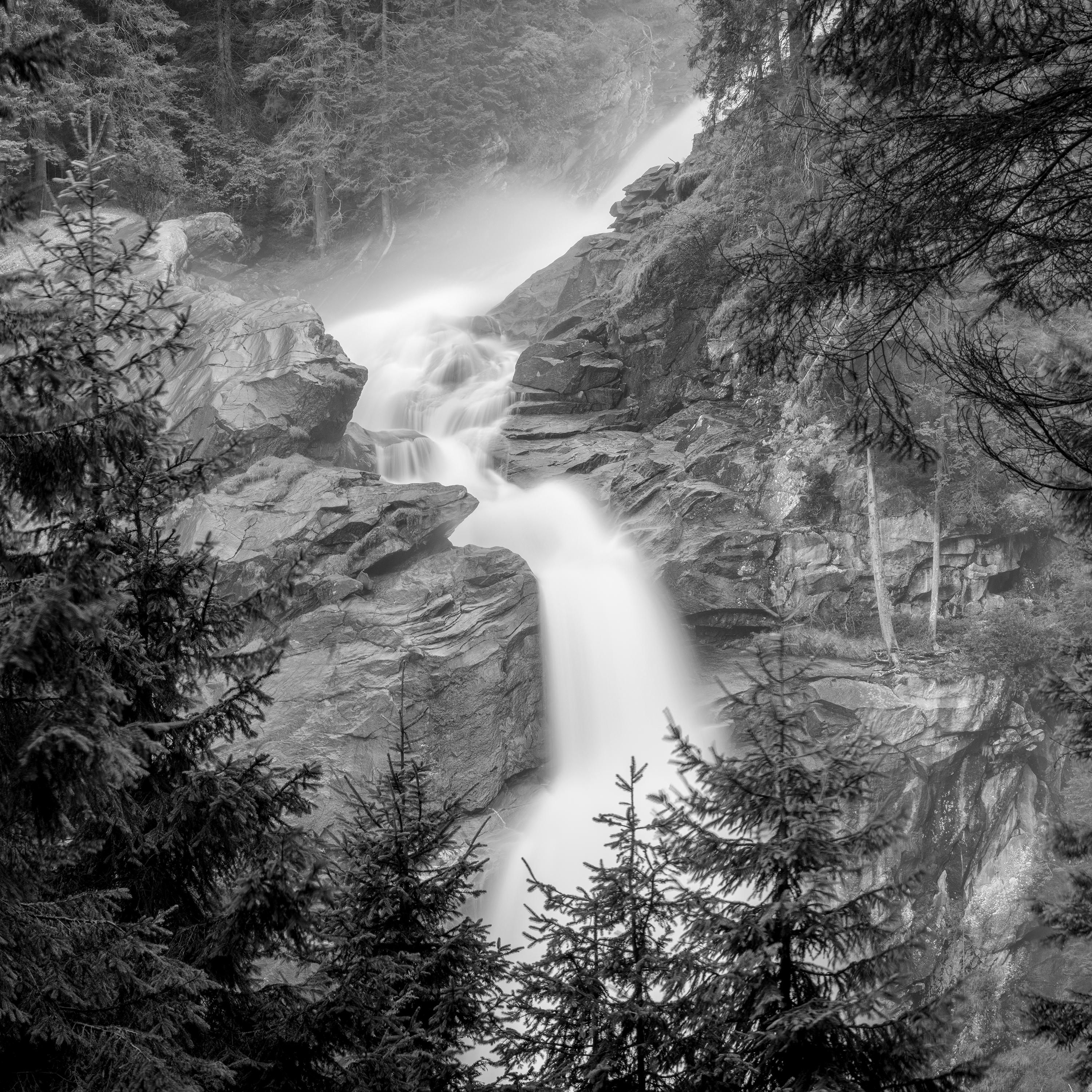 Black and White fine art waterscape - landscape photography. Waterfall with mountain river in forest in morning light. Archival pigment ink print, edition of 5. Signed, titled, dated and numbered by artist. Certificate of authenticity included.