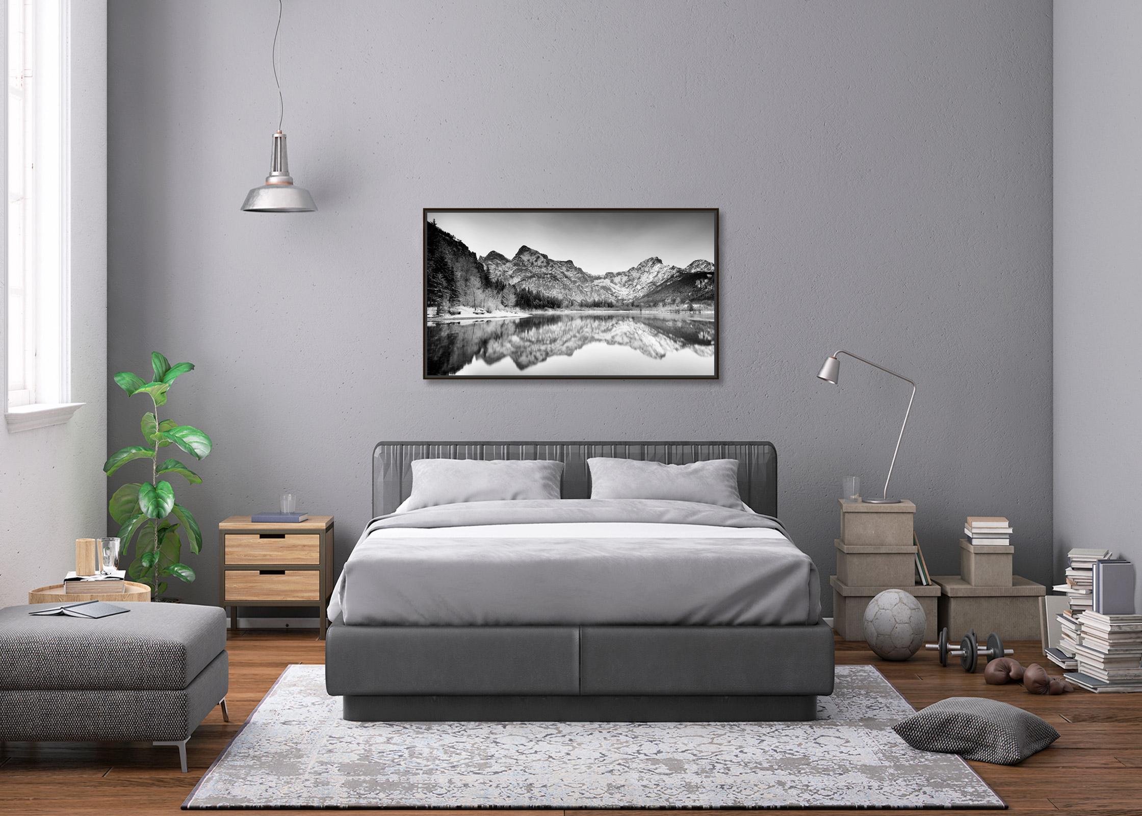 Lakeside, Winter Panorama, Black and white fine art photography, water landscape For Sale 1