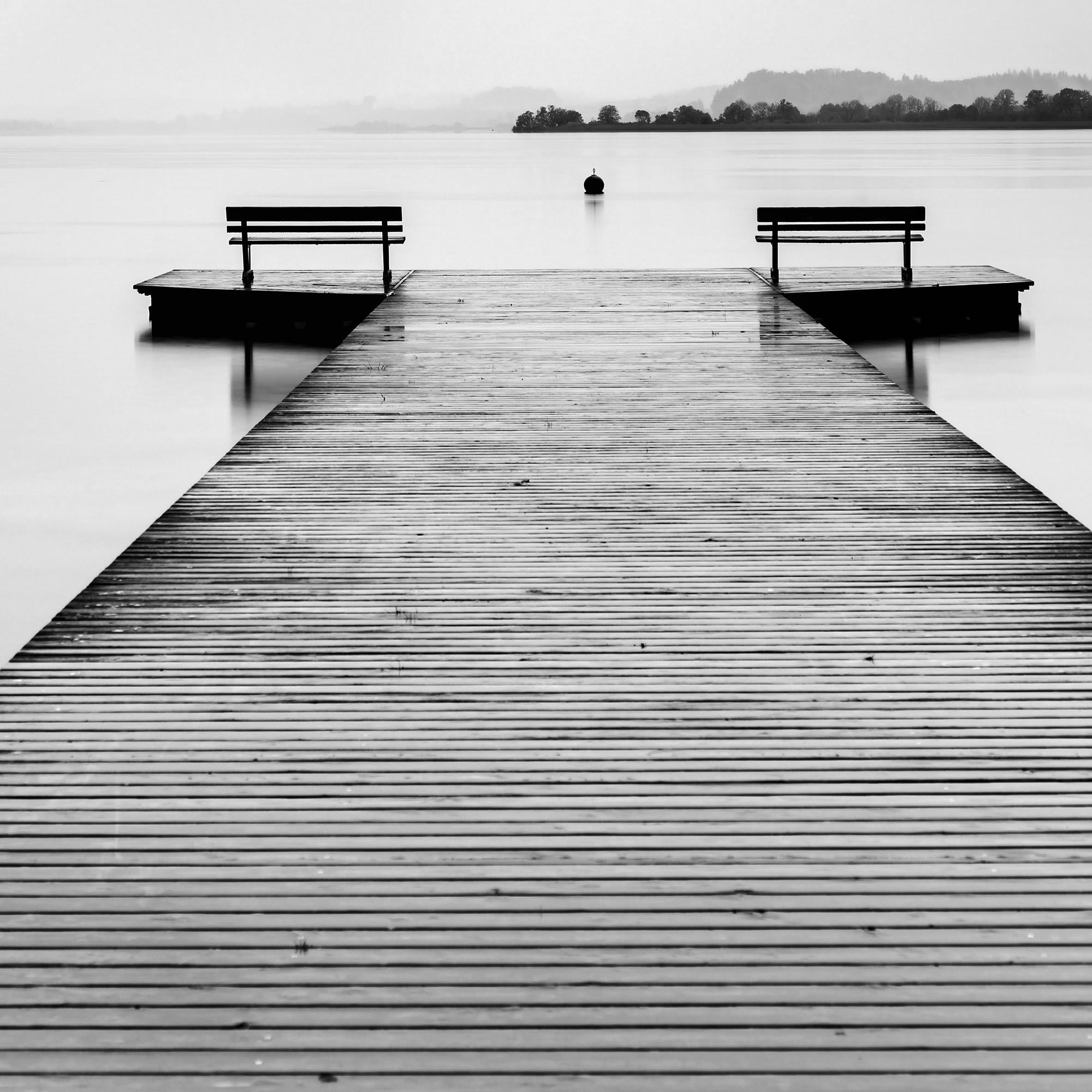 Lakeside wooden Jetty, black and white long exposure art landscape photography For Sale 5