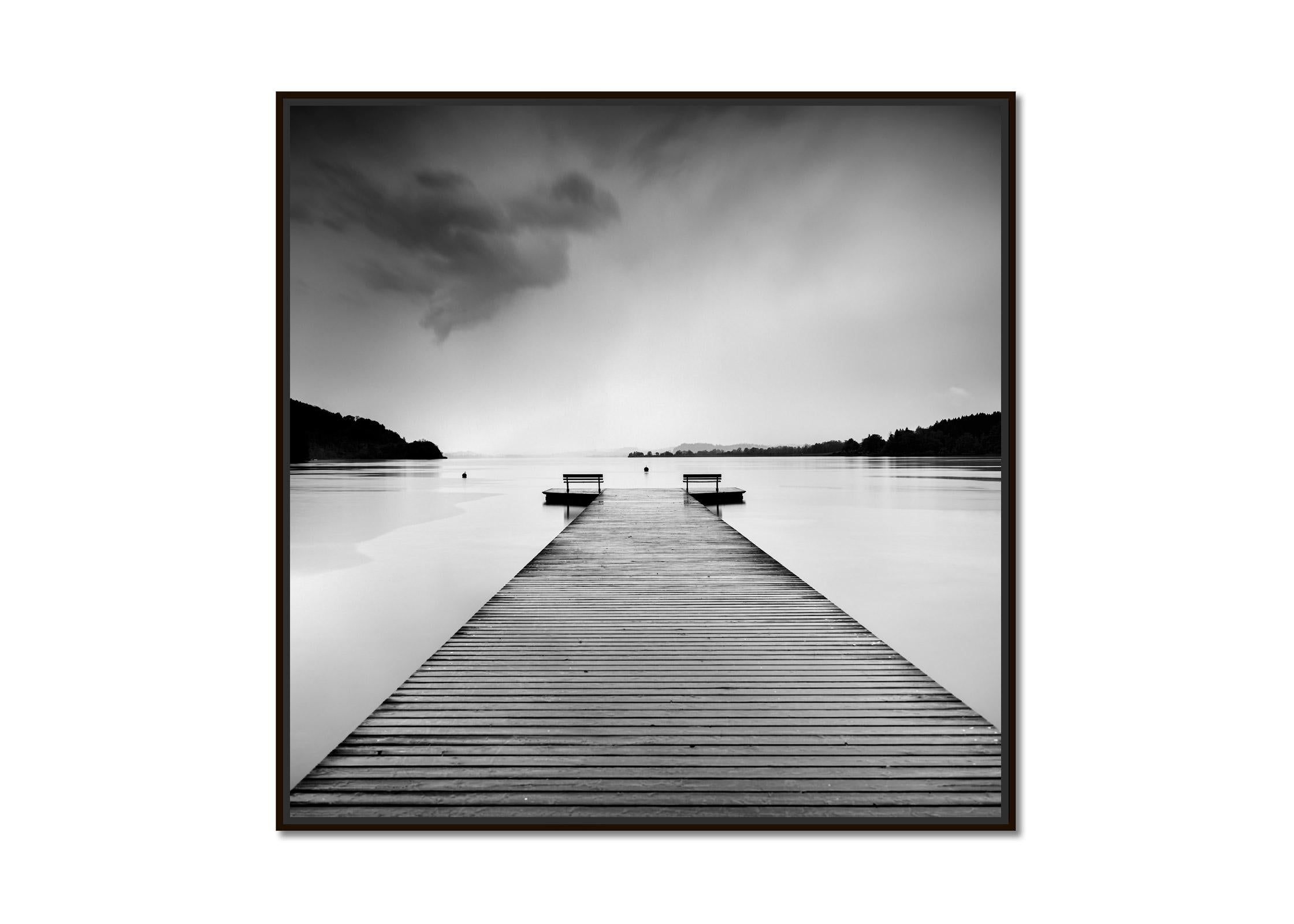 Lakeside wooden Jetty, black and white long exposure art landscape photography - Photograph by Gerald Berghammer