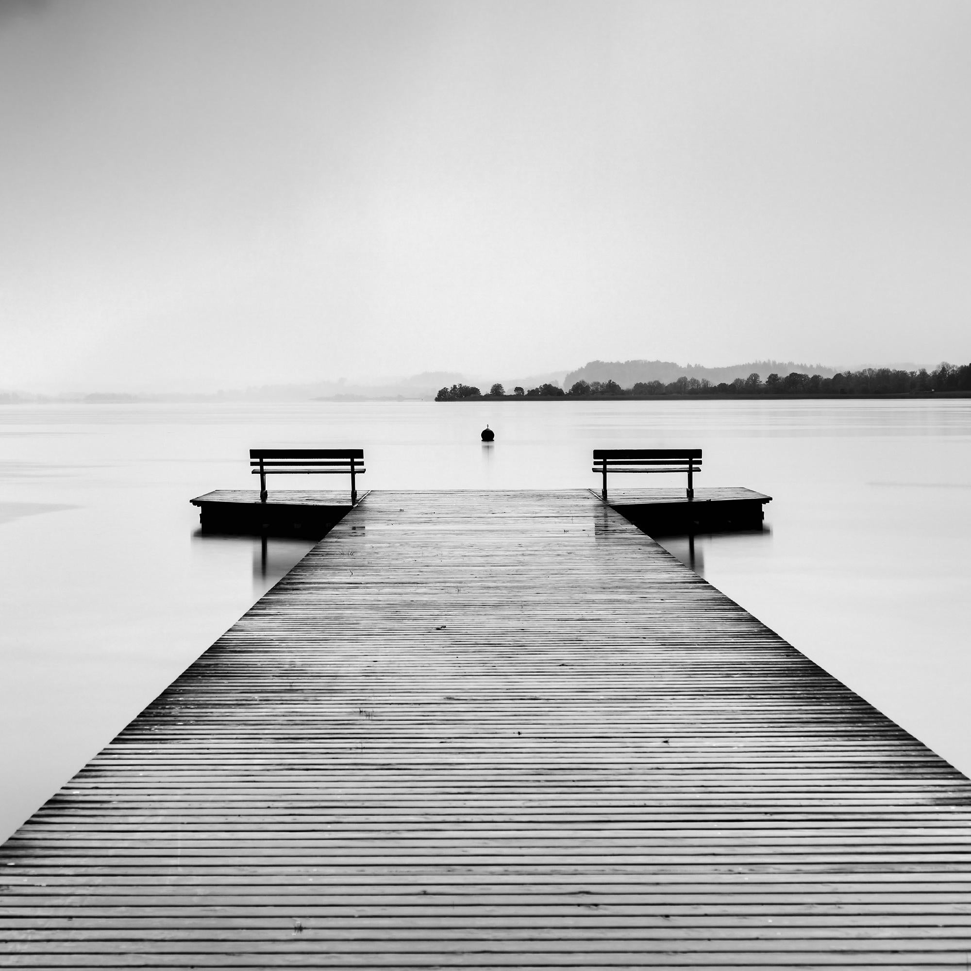 Lakeside wooden Jetty, black and white long exposure art landscape photography For Sale 3