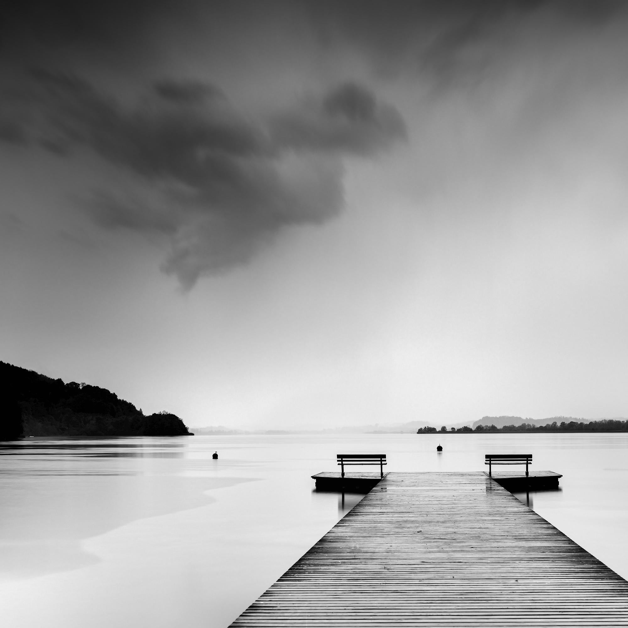 Lakeside wooden Jetty, black and white long exposure art landscape photography For Sale 4