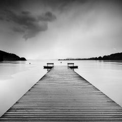 Lakeside wooden jetty pier benches black white long exposure art landscape photo