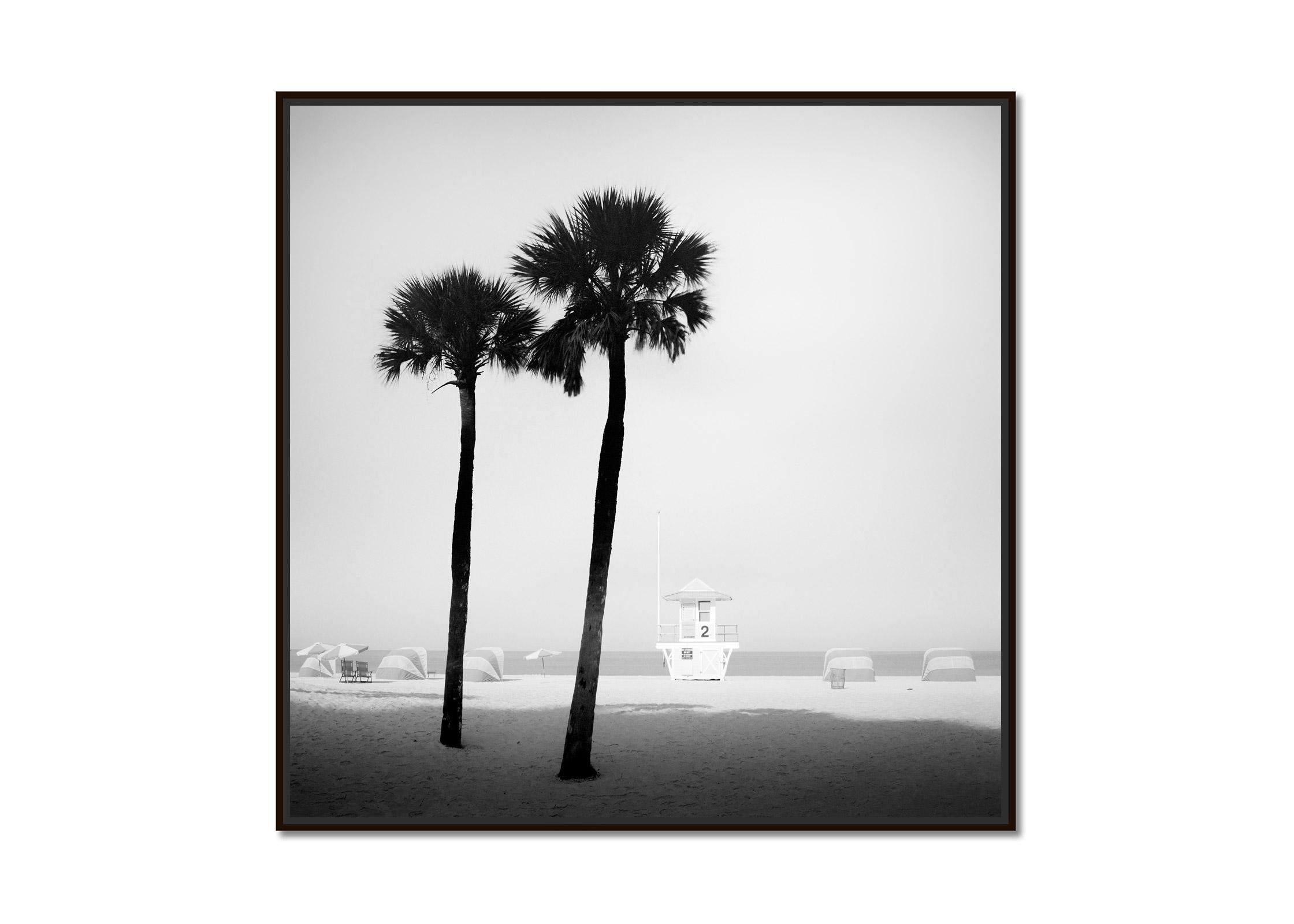 Lifeguard Tower, Palm Trees, Miami Beach, black and white photography, landscape - Photograph by Gerald Berghammer
