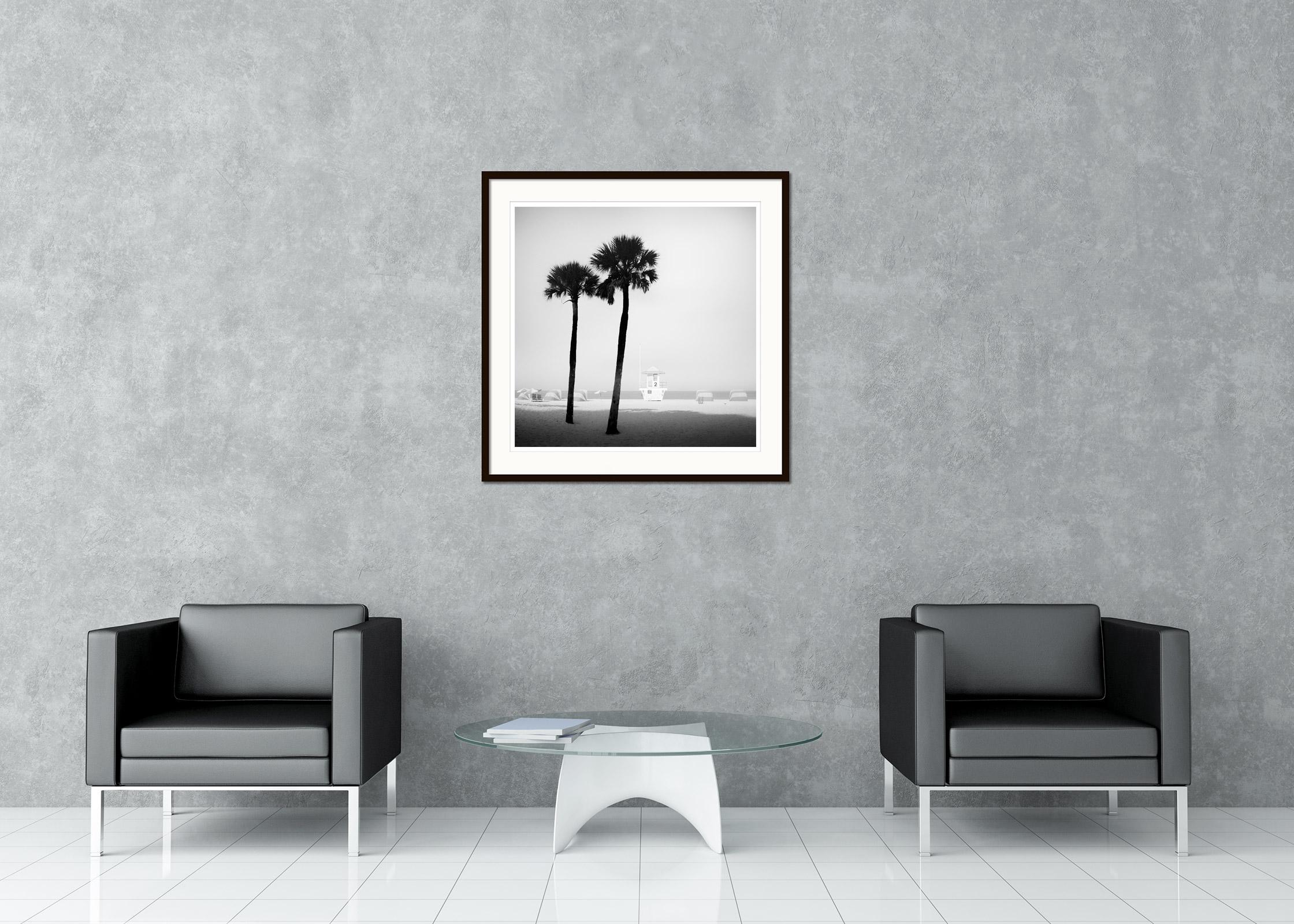 Lifeguard Tower, Palm Trees, Miami Beach, black and white photography, landscape For Sale 1