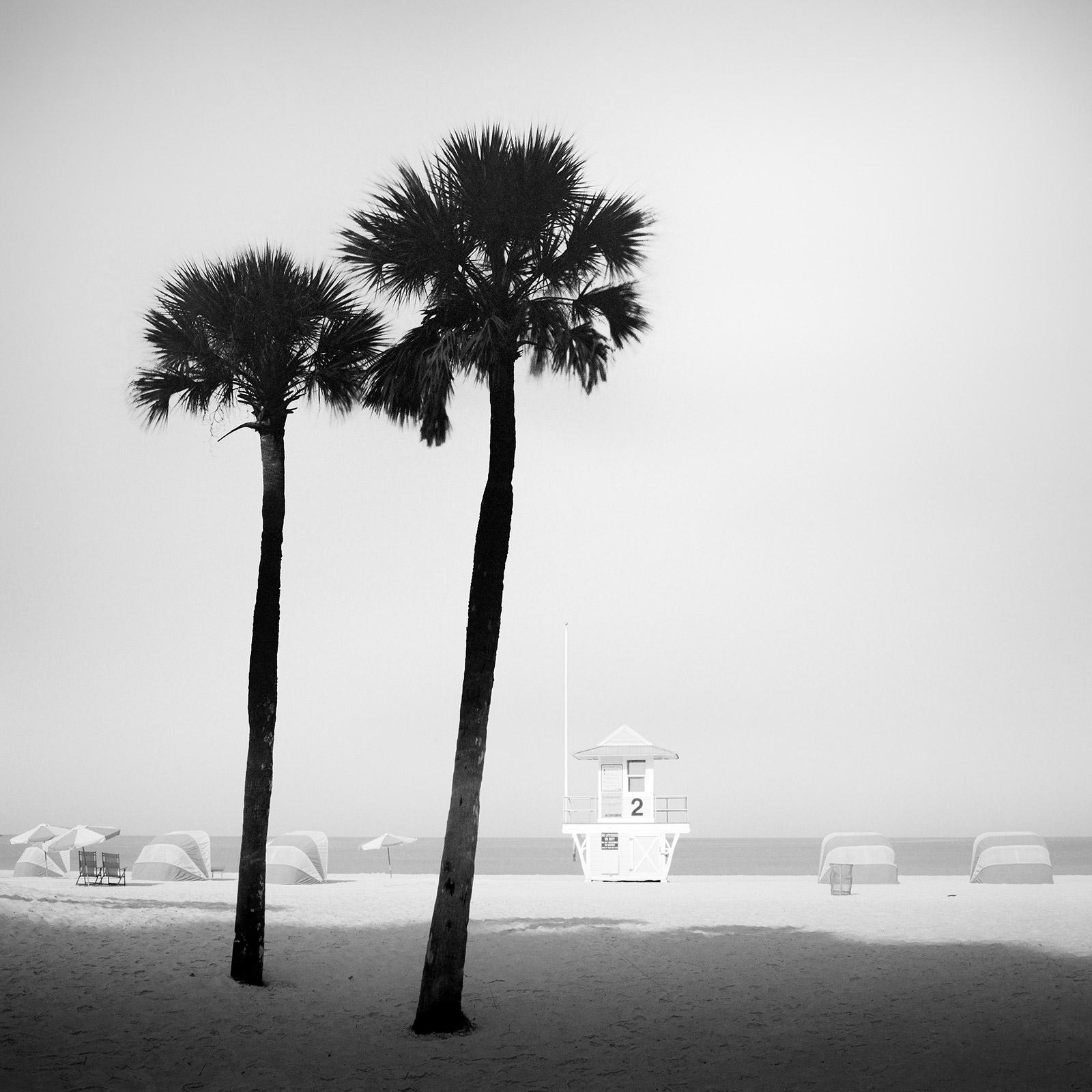 Gerald Berghammer Black and White Photograph - Lifeguard Tower, Palm Trees, Miami Beach, black and white photography, landscape