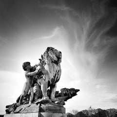 Lion a l'Enfant Statue, Pont Alexandre, Paris, Black white cityscape photography