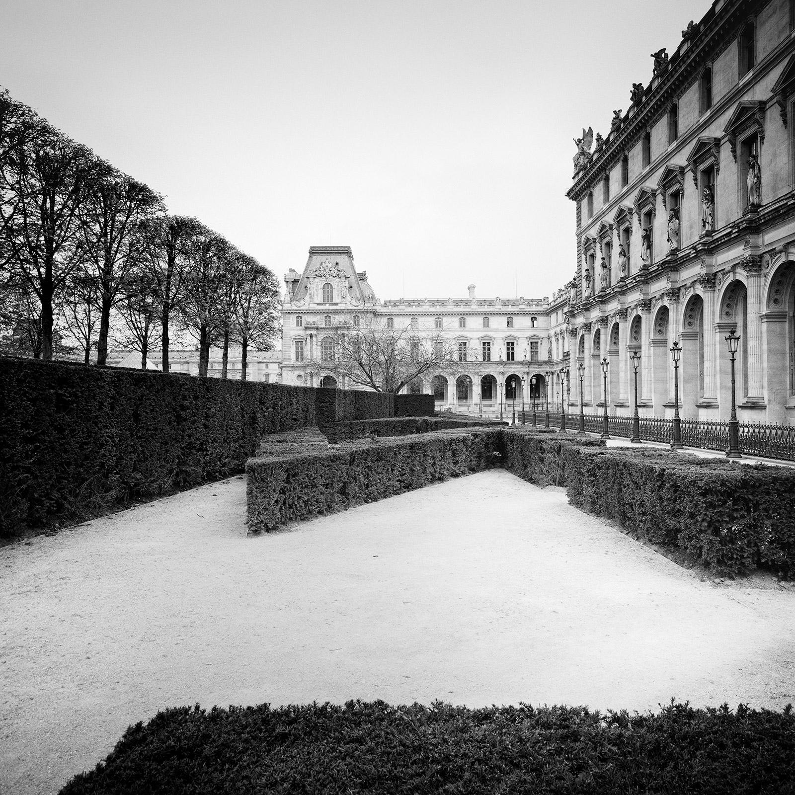 Louvre, Avenida de los Árboles, París, Francia, fotografía en blanco y negro, paisaje urbano