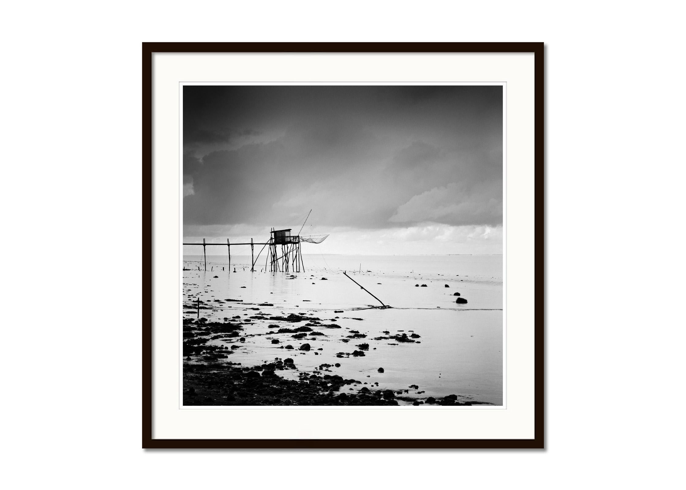 Low tide Fishing, Stilt House, sunset, France,  blackwhite landscape photography - Contemporary Photograph by Gerald Berghammer