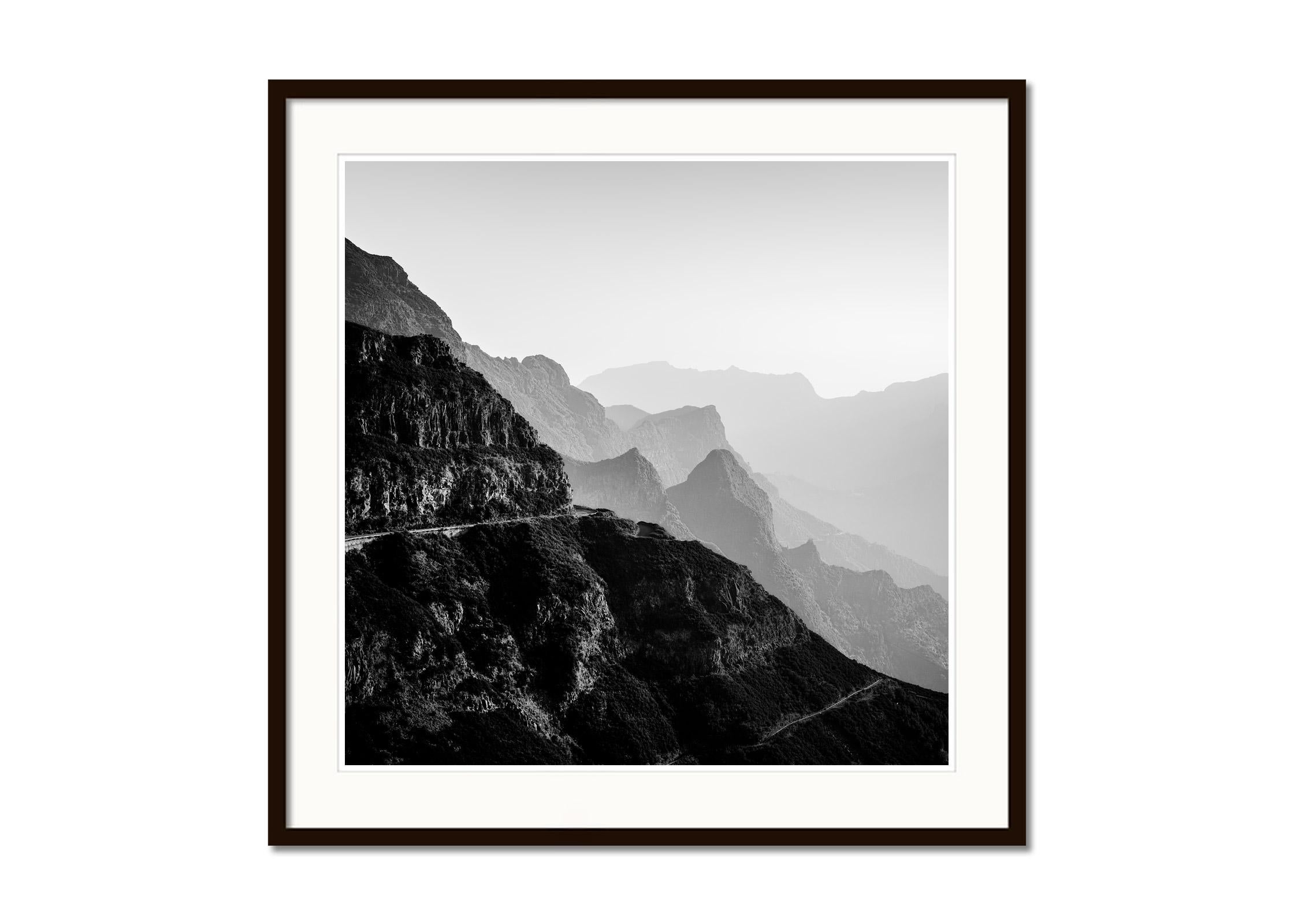 Black and white fine art landscape photography print. Madeira's mountain peaks in morning light, Fanal, Portugal. Archival pigment ink print, edition of 8. Signed, titled, dated and numbered by artist. Certificate of authenticity included. Printed
