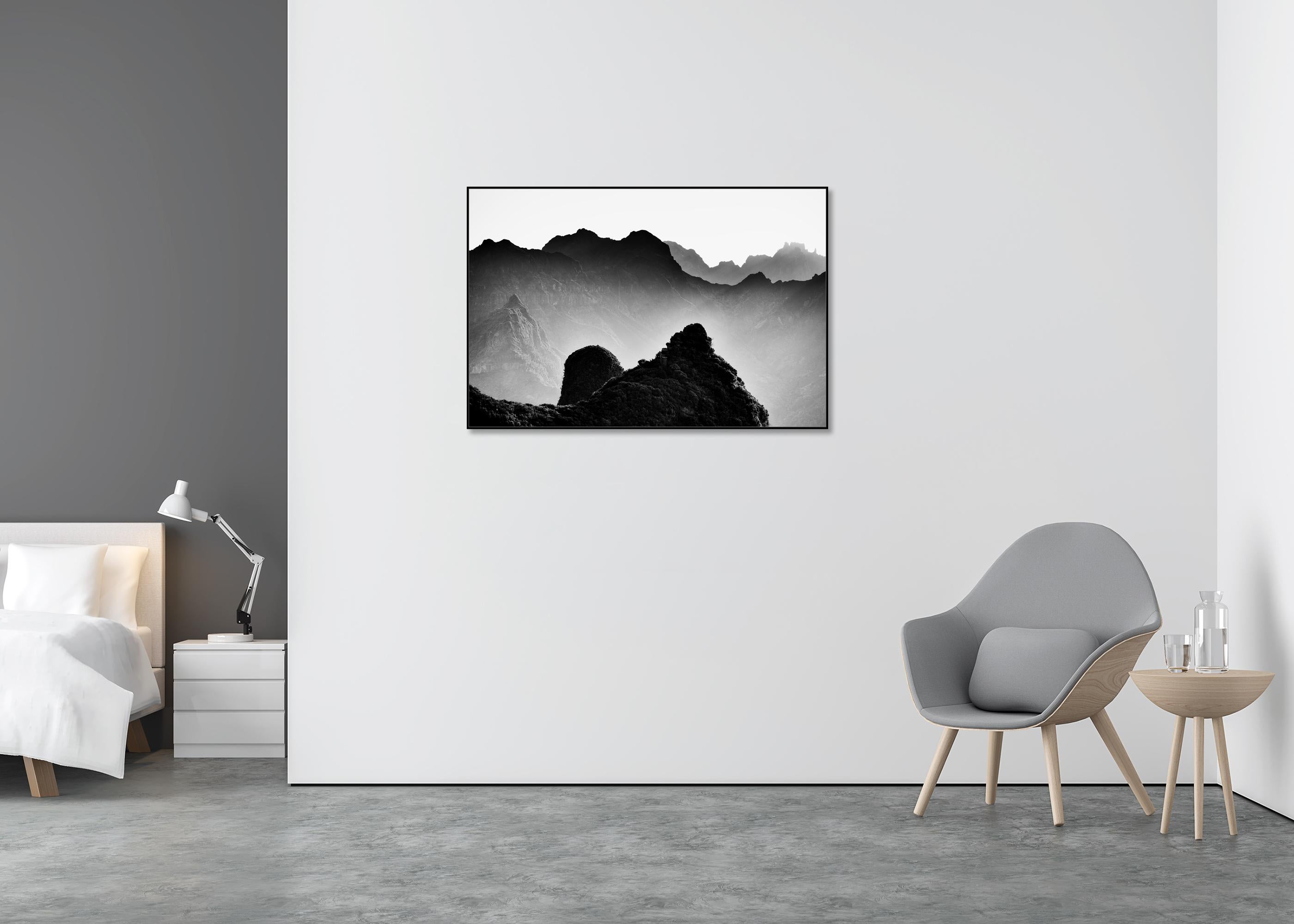 Madeira Peaks, Sunrise, Shadow Mountains, black and white photography, landscape - Gray Black and White Photograph by Gerald Berghammer