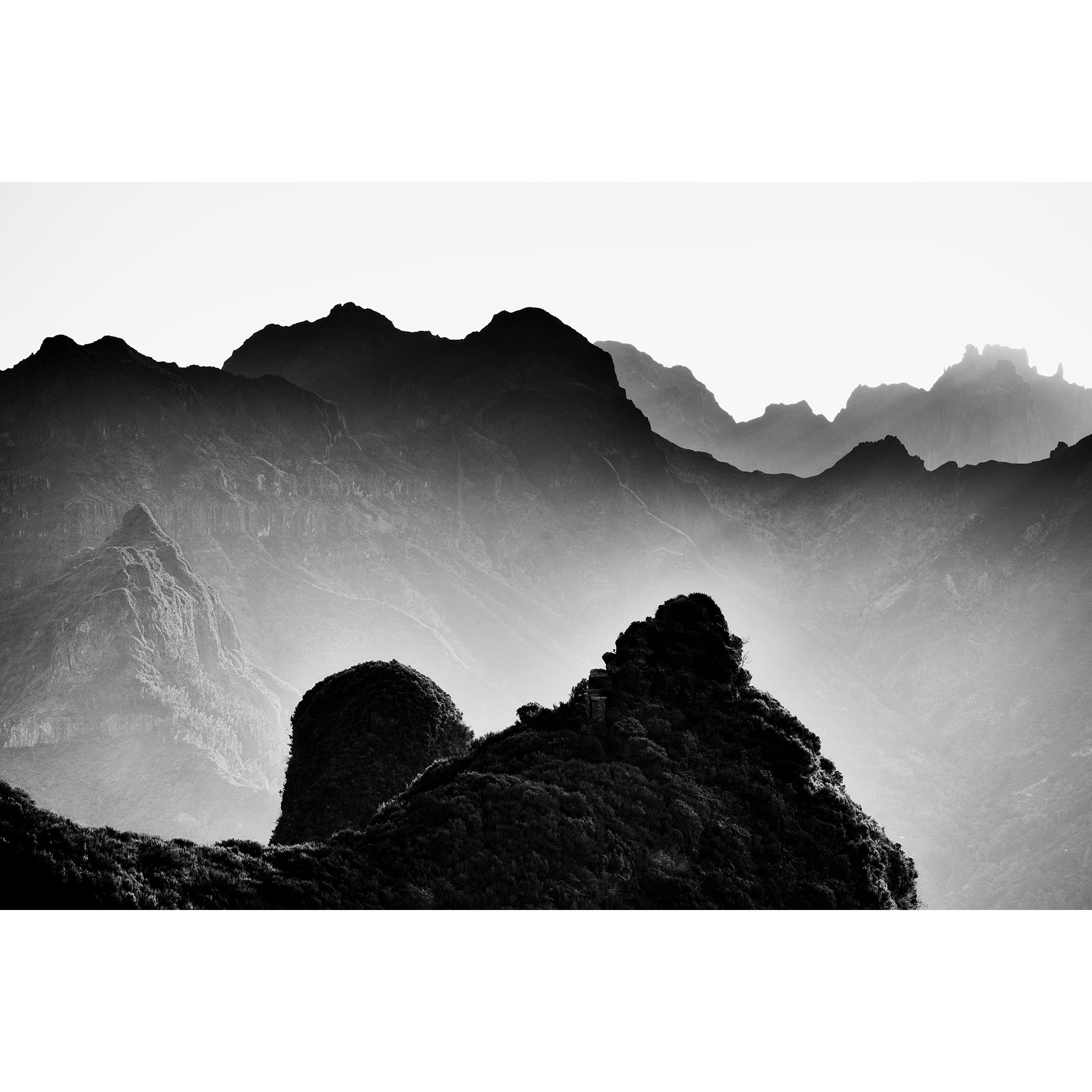 Madeira Peaks, Sunrise, Shadow Mountains, black and white photography, landscape