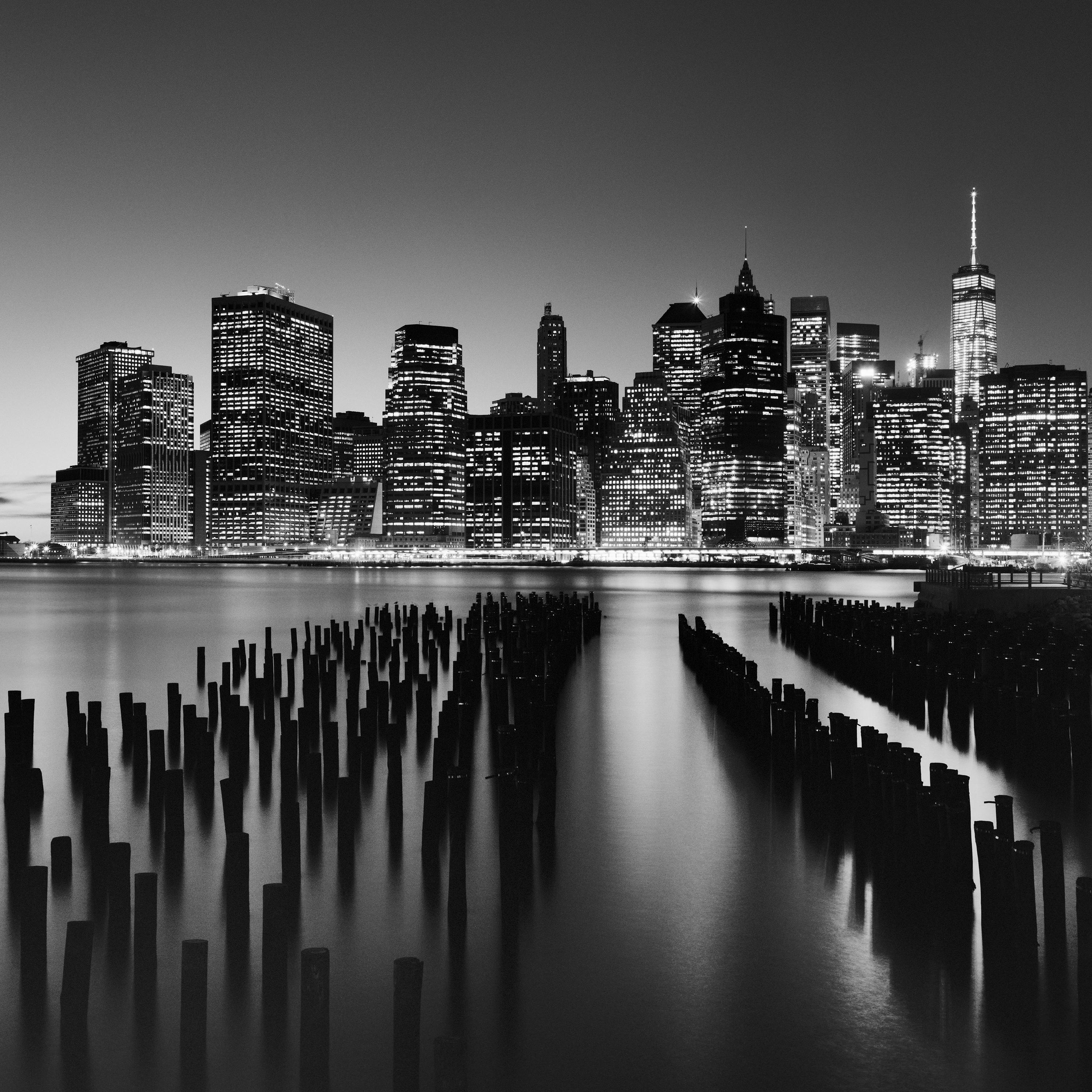 Manhattan Skyline, Night New York City, black and white photography, landscape For Sale 1