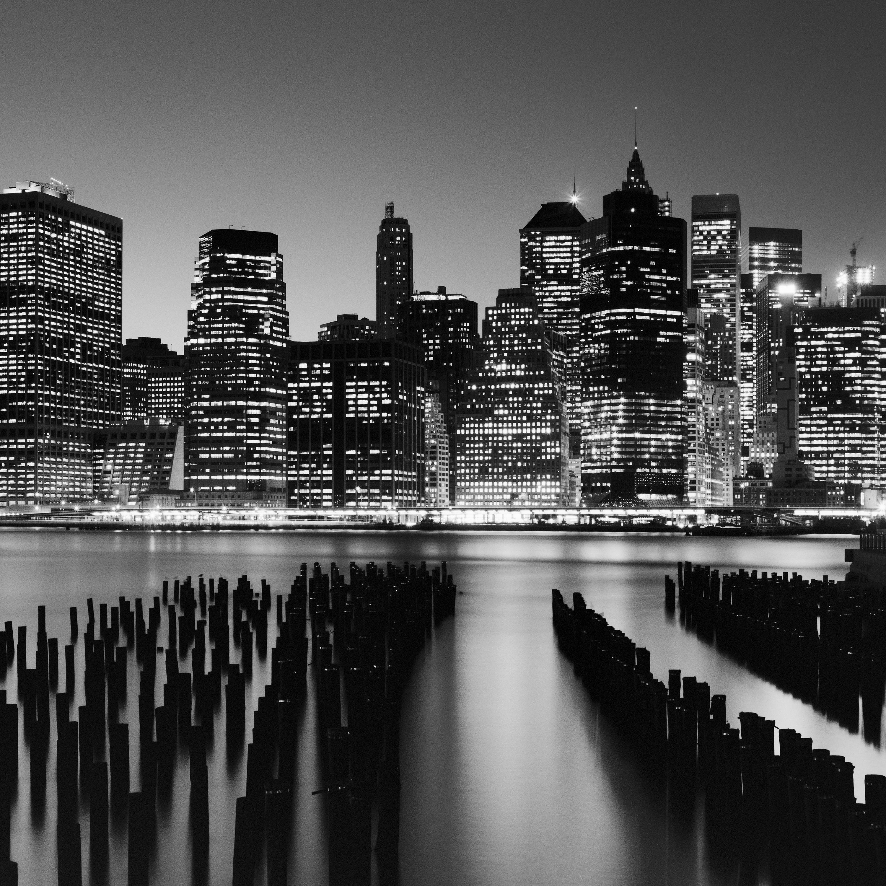 Manhattan Skyline, Night New York City, black and white photography, landscape For Sale 2