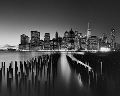 Manhattan Skyline, Night New York City, black and white photography, landscape