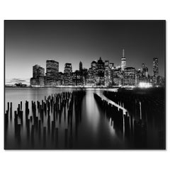 Manhattan Skyline Night, New York City - black and white photography landscape