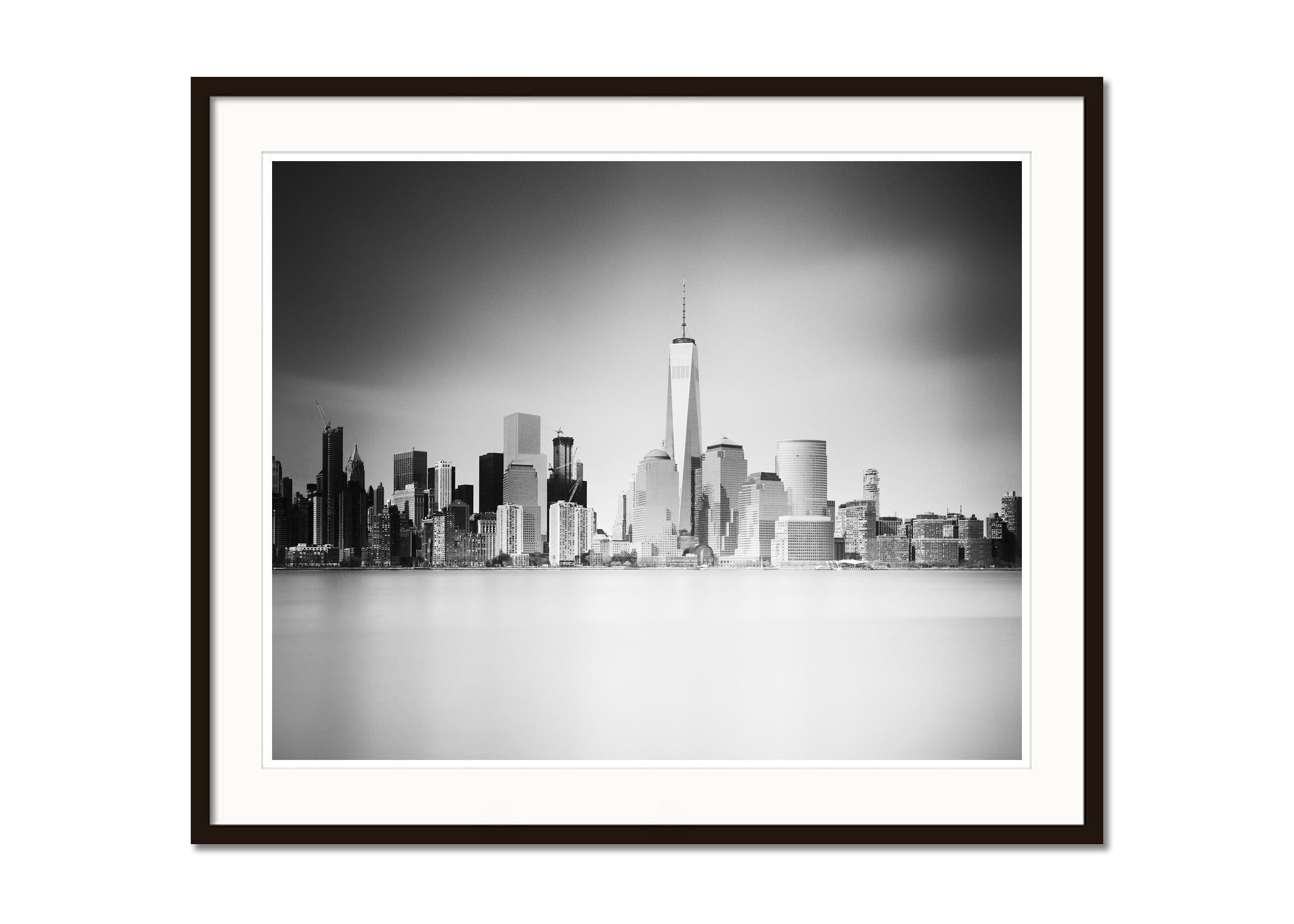 Manhattan Skyline, Sunset, New York City, USA, black and white art photography - Gray Landscape Photograph by Gerald Berghammer