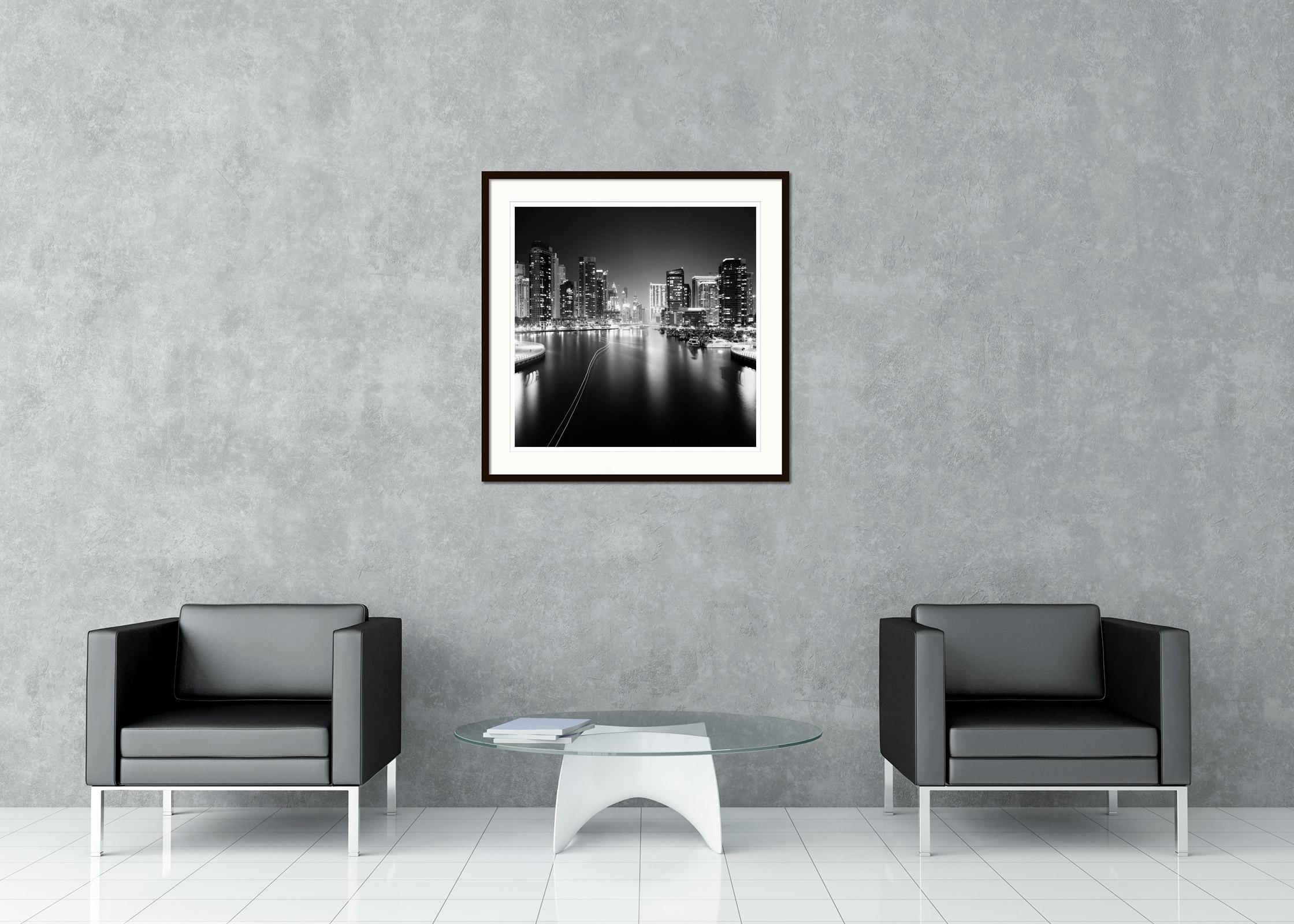 Marina Night, Yacht, Port, Mega City, Dubai, black and white waterscape print - Contemporary Photograph by Gerald Berghammer