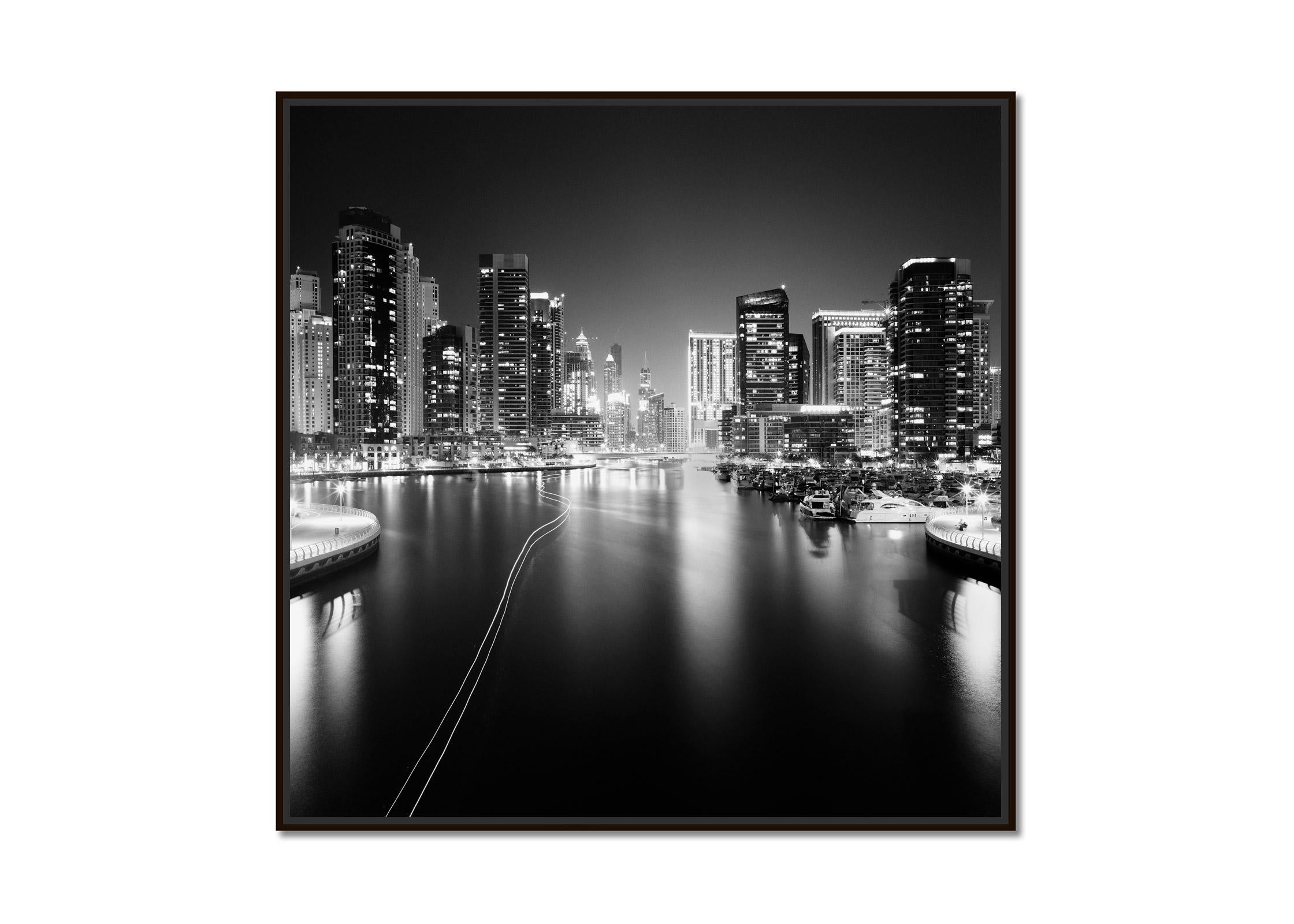 Marina Night, Yacht, Port, Mega City, Dubai, black and white waterscape print - Photograph by Gerald Berghammer