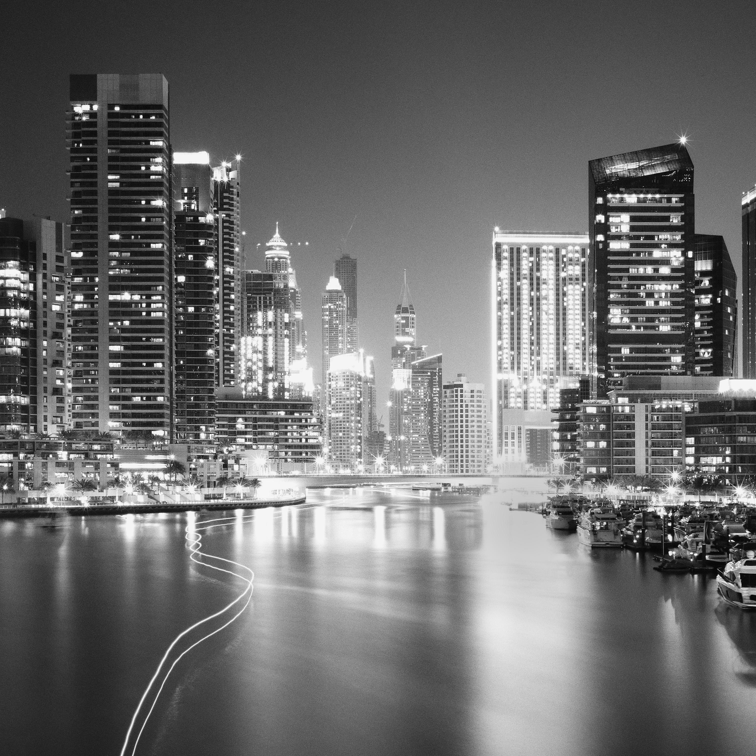 Marina Night, Yacht, Port, Mega City, Dubai, black and white waterscape print For Sale 1