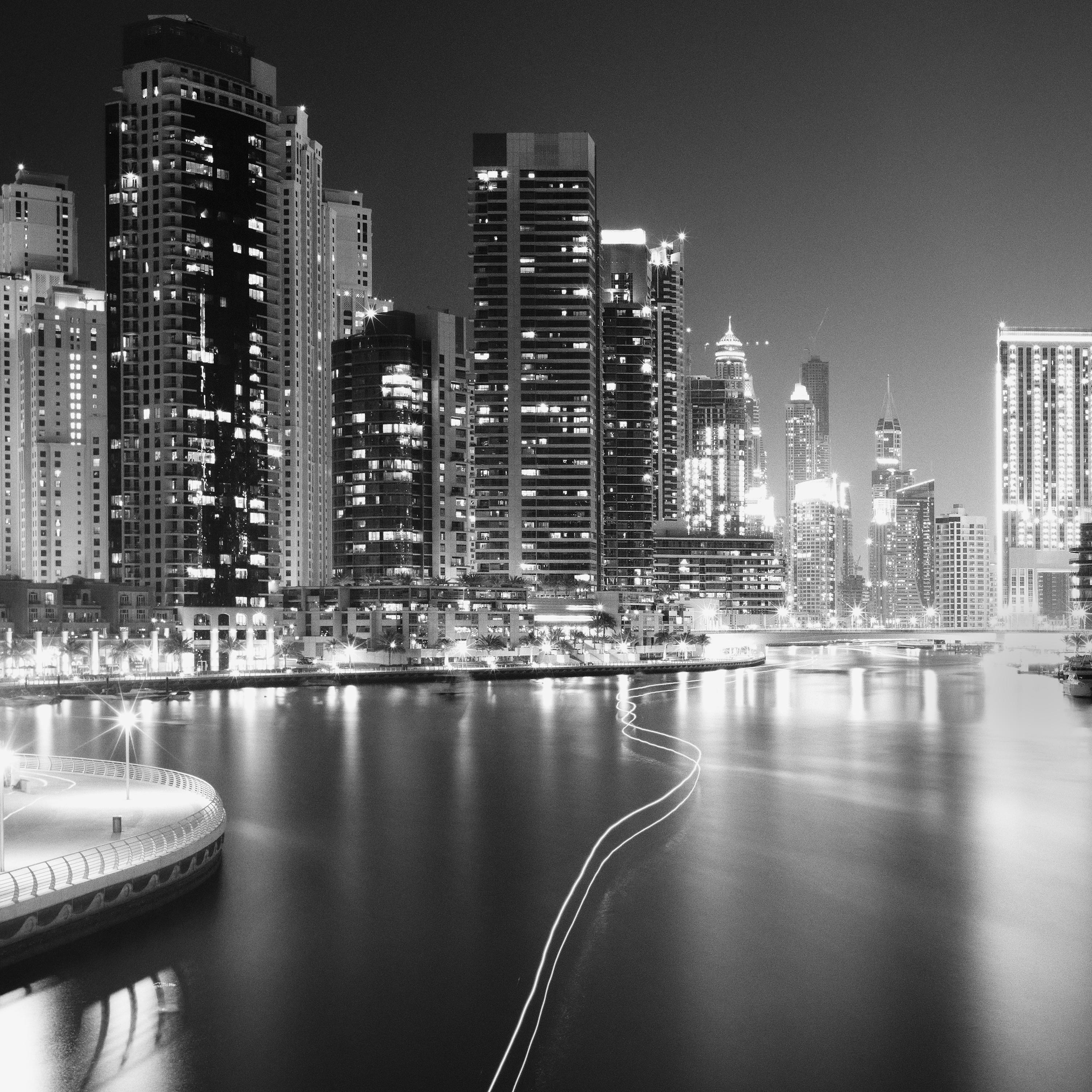 Marina Night, Yacht, Port, Mega City, Dubai, black and white waterscape print For Sale 2