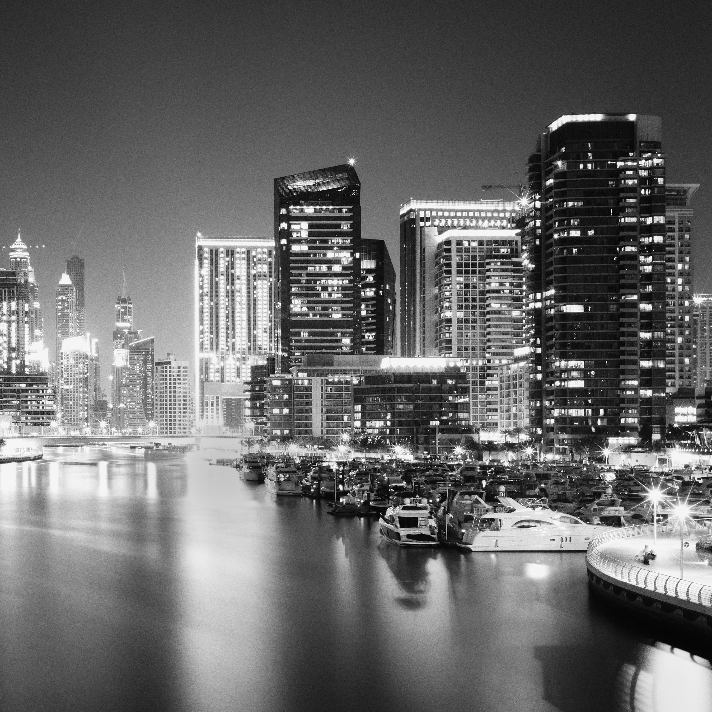 Marina Night, Yacht, Port, Mega City, Dubai, black and white waterscape print For Sale 3