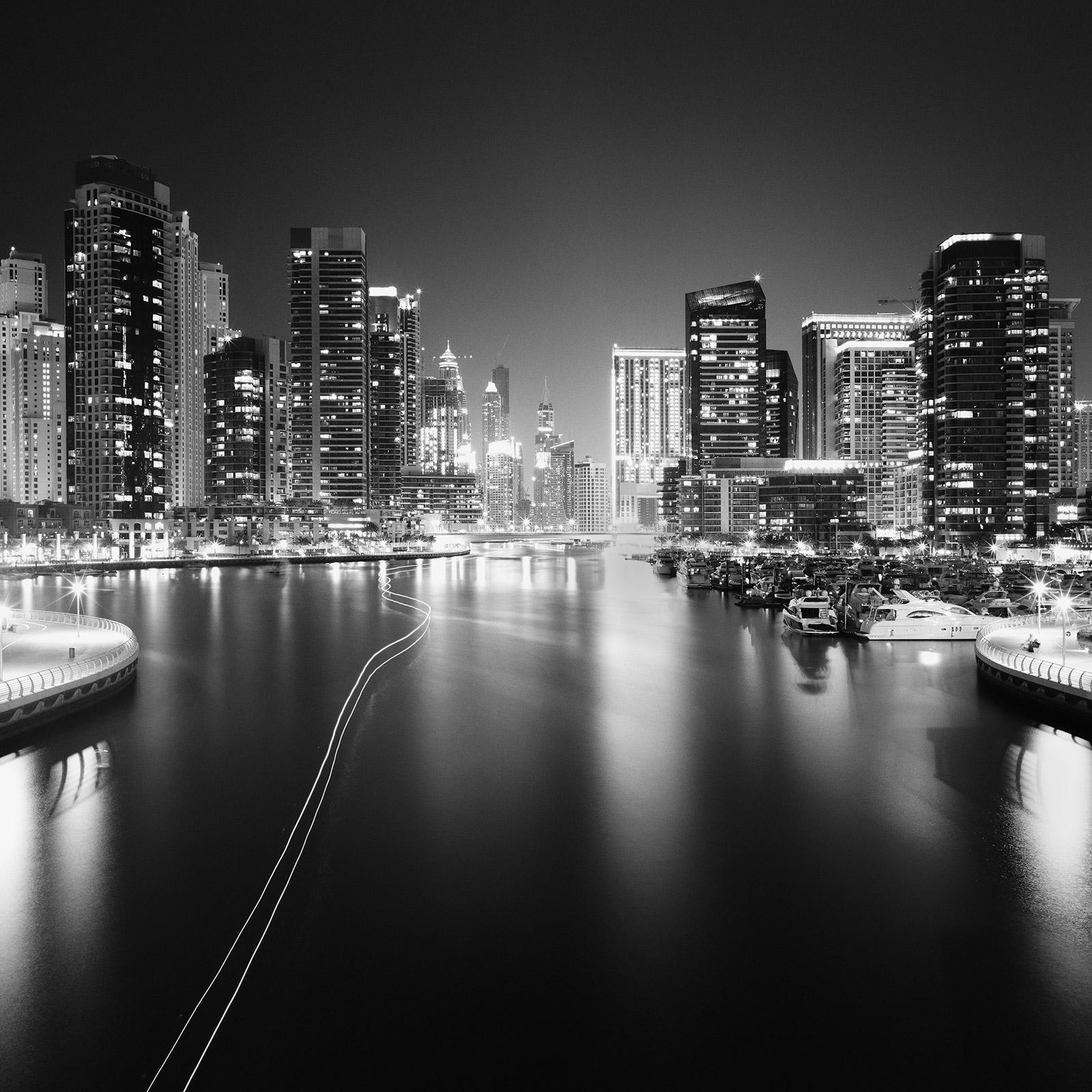Gerald Berghammer Black and White Photograph - Marina Night, Yacht, Port, Mega City, Dubai, black and white waterscape print