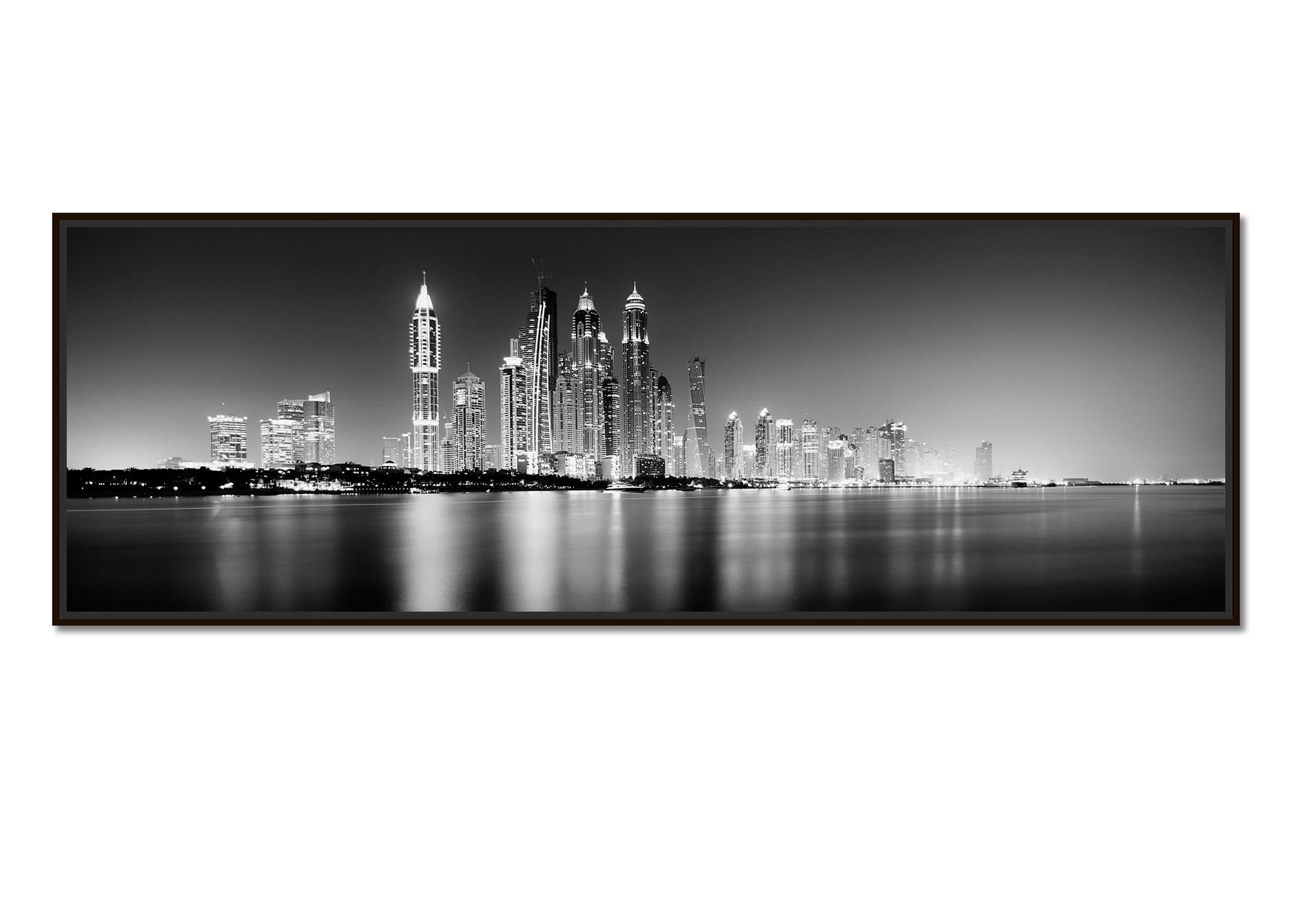 Marina Night Panorama, Skyscraper, Dubai, black and white cityscape photo print - Photograph by Gerald Berghammer