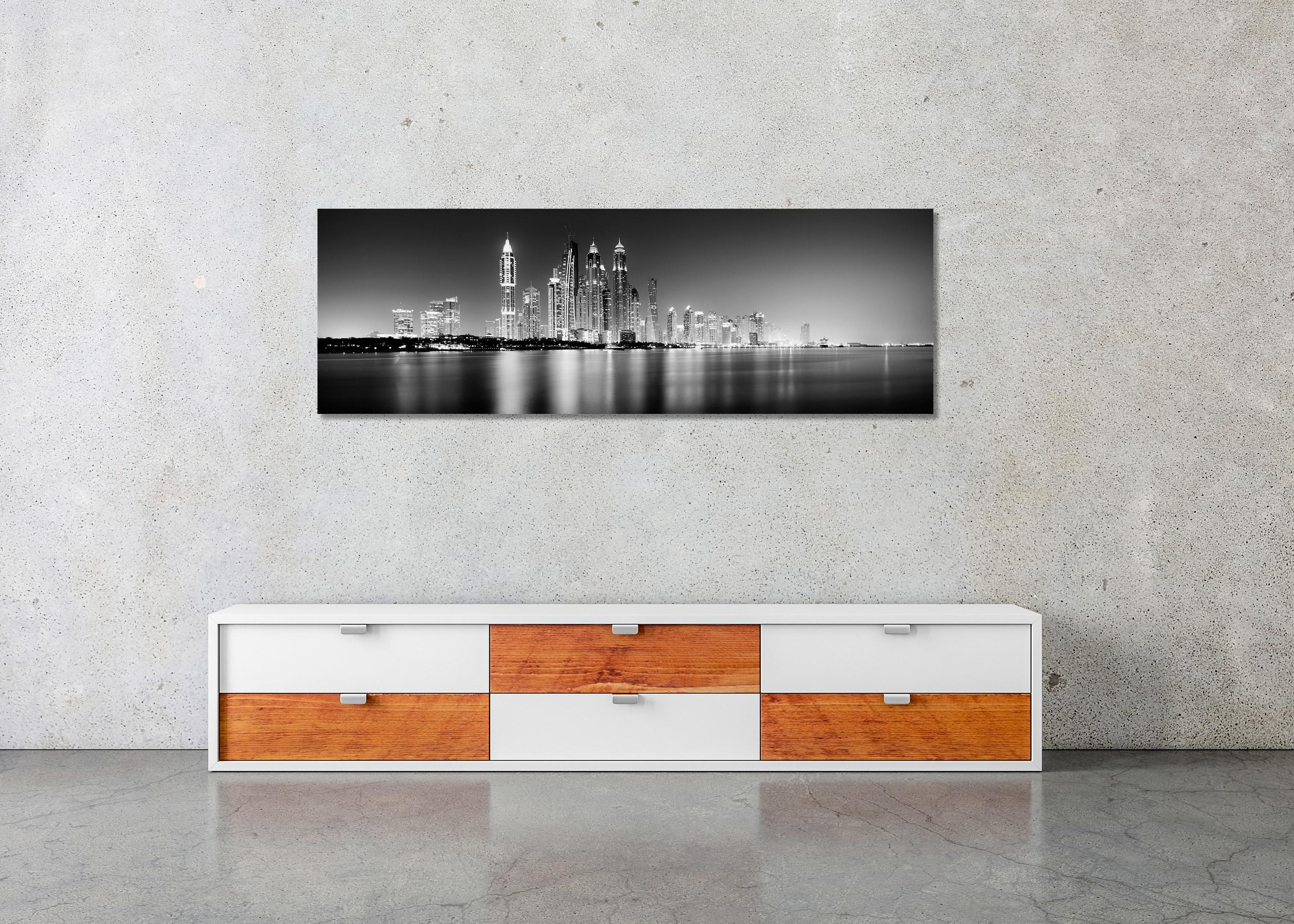 Marina Night Panorama, Skyscraper, Dubai, black and white cityscape photo print For Sale 1