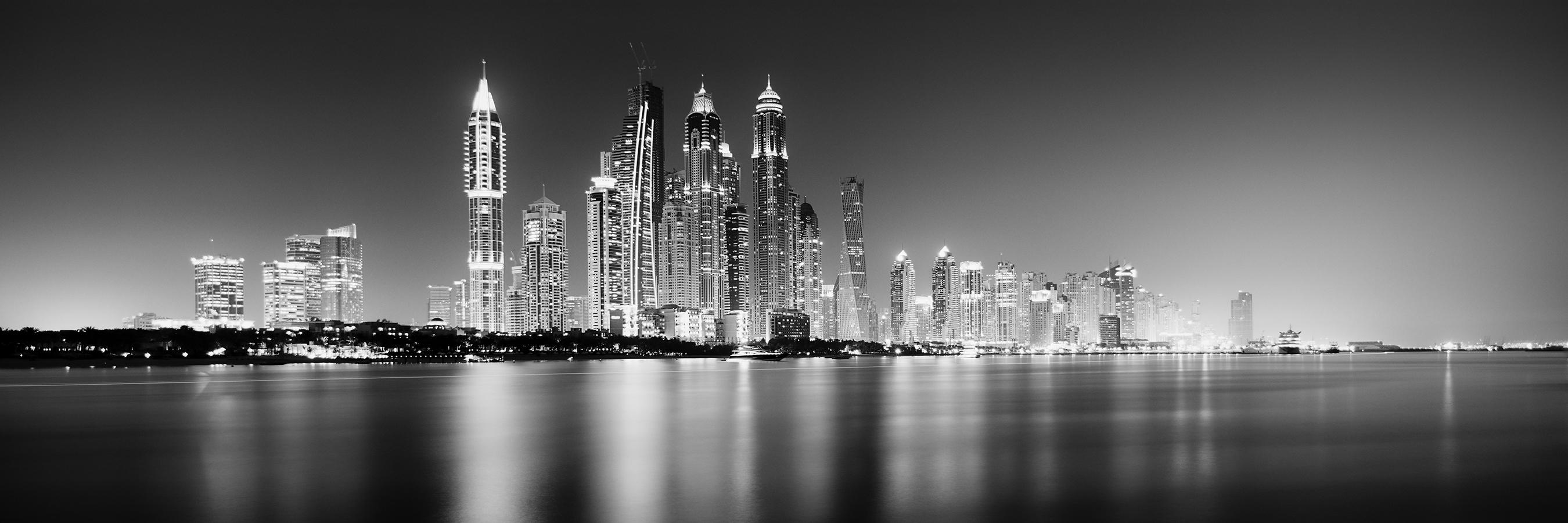 Gerald Berghammer Black and White Photograph - Marina Night Panorama, Skyscraper, Dubai, black and white cityscape photo print