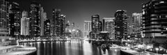 Panorama de nuit de Marina, gratte-ciel, Dubaï, photographie noir et blanc, paysage marin