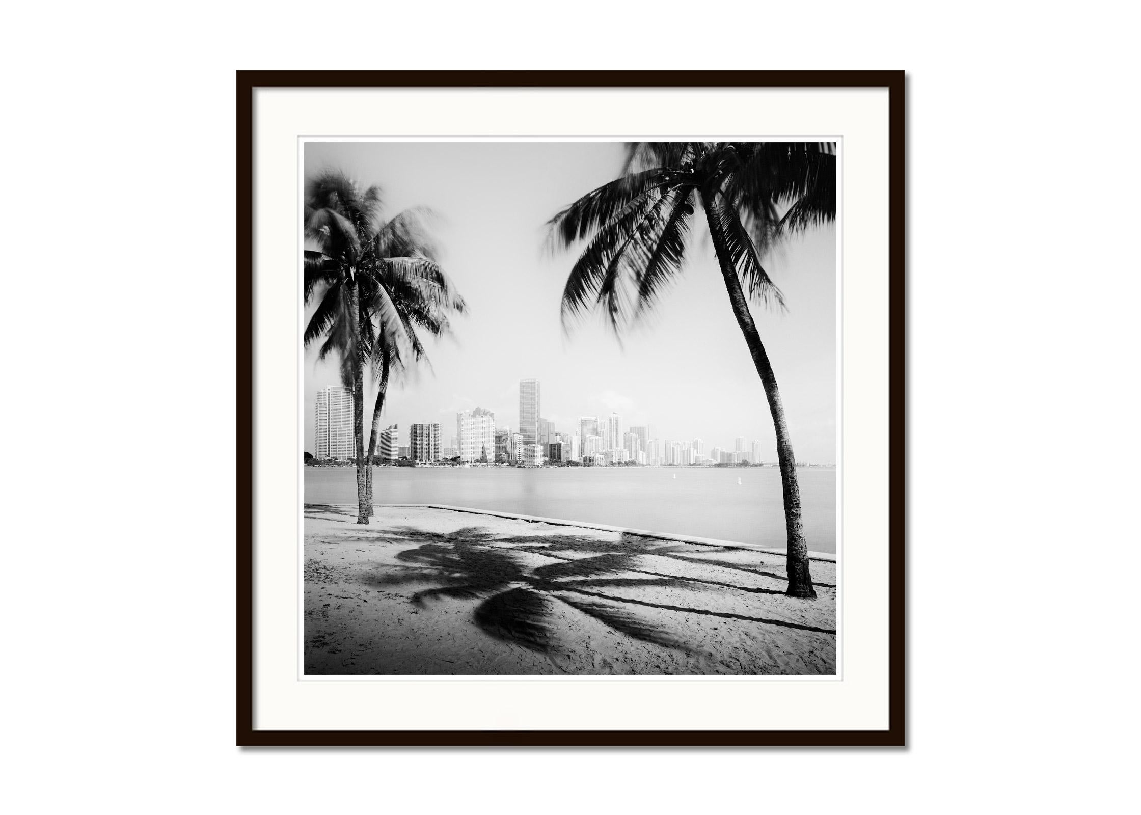 Black and White Fine Art Photography - Miami skyline with palm trees, Florida, USA. Archival pigment ink print, edition of 9. Signed, titled, dated and numbered by artist. Certificate of authenticity included. Printed with 4cm white