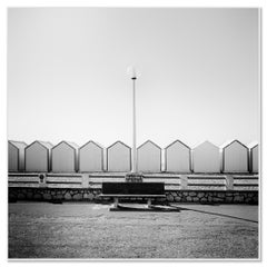 Black & White Seaside Photograph — Promenade Bench and Beach Huts, France