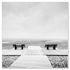 Minimalist Coastal Landscape — Benches on Deserted Beach, France (Black & White)