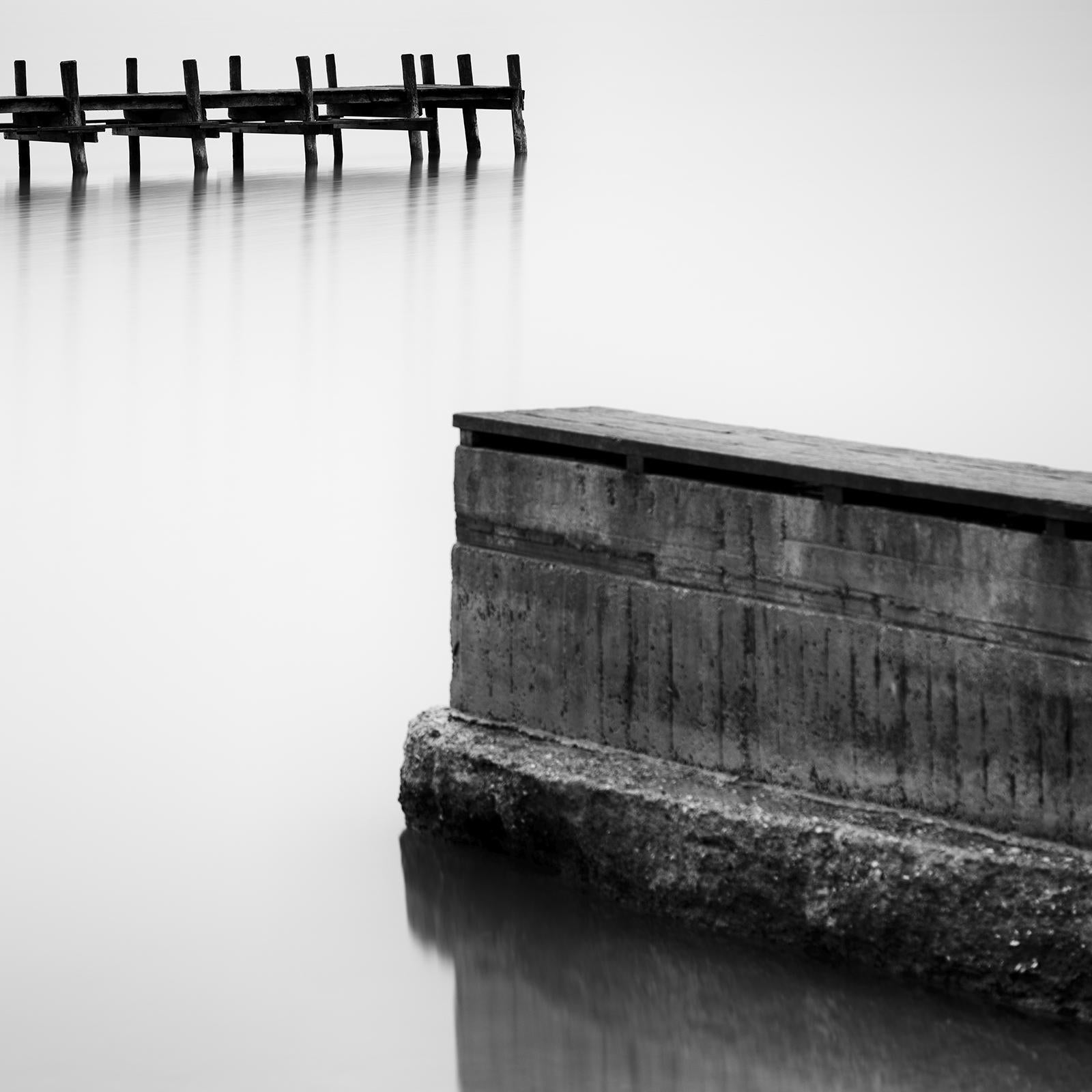 Misty morning on the Lake, Jetty, Pier, black and white photography, landscape For Sale 6