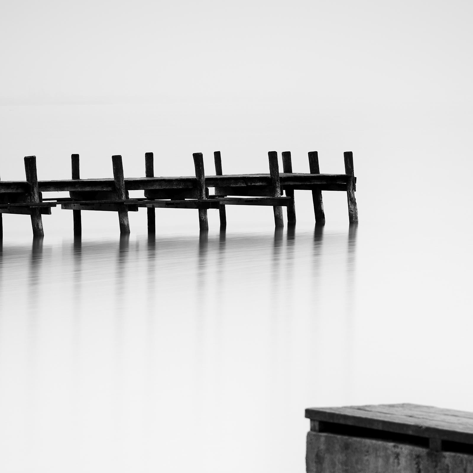 Misty morning on the Lake, Jetty, Pier, black and white photography, landscape For Sale 4
