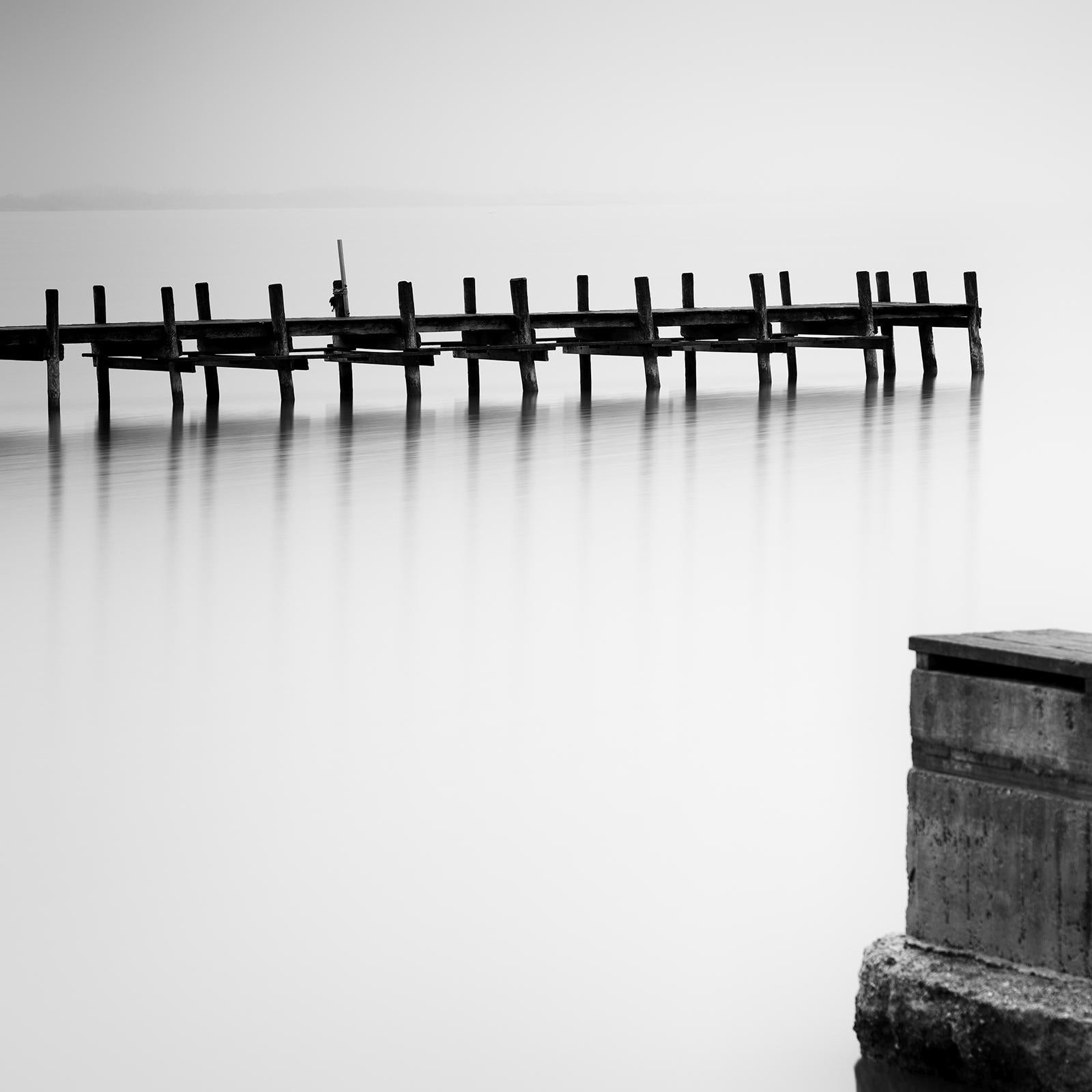 Misty morning on the Lake, Jetty, Pier, black and white photography, landscape For Sale 5