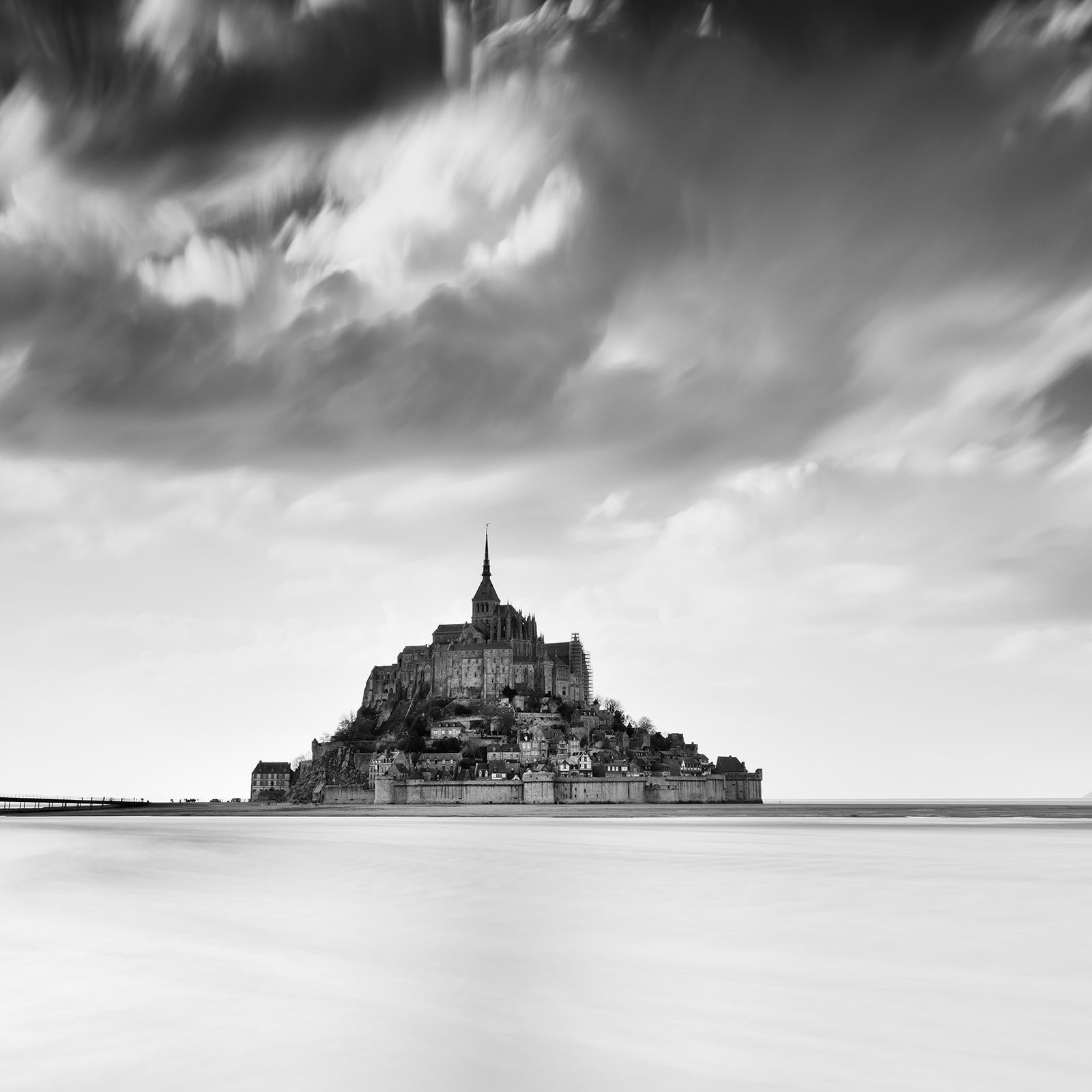 Mont Saint Michel, Abbey, heavy clouds, France, b&w fine art photography print For Sale 4