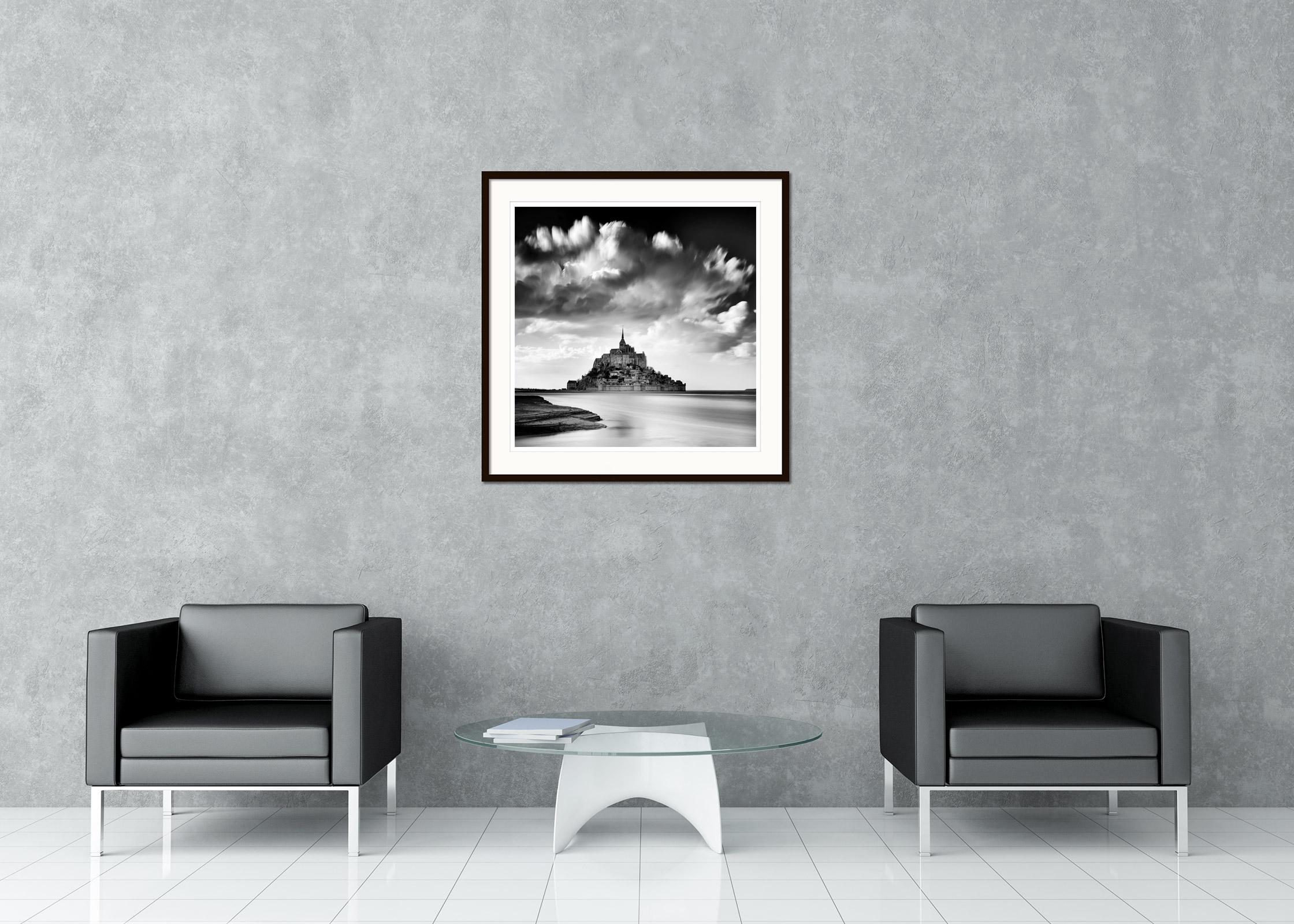 Mont Saint Michel, Impression Cloud, France, black and white art photography For Sale 1