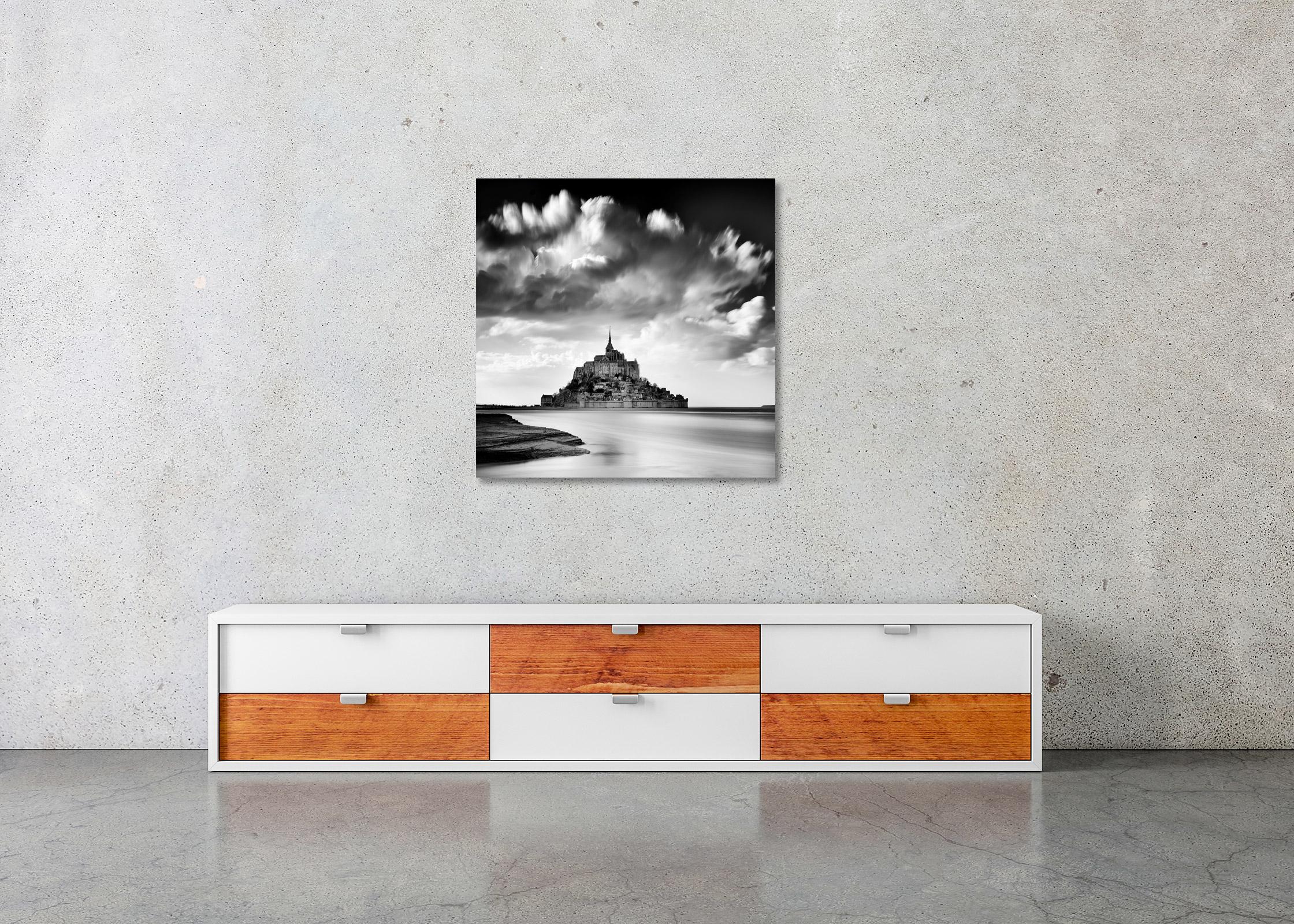 Mont Saint Michel, Impression Cloud, France, black and white art photography For Sale 2