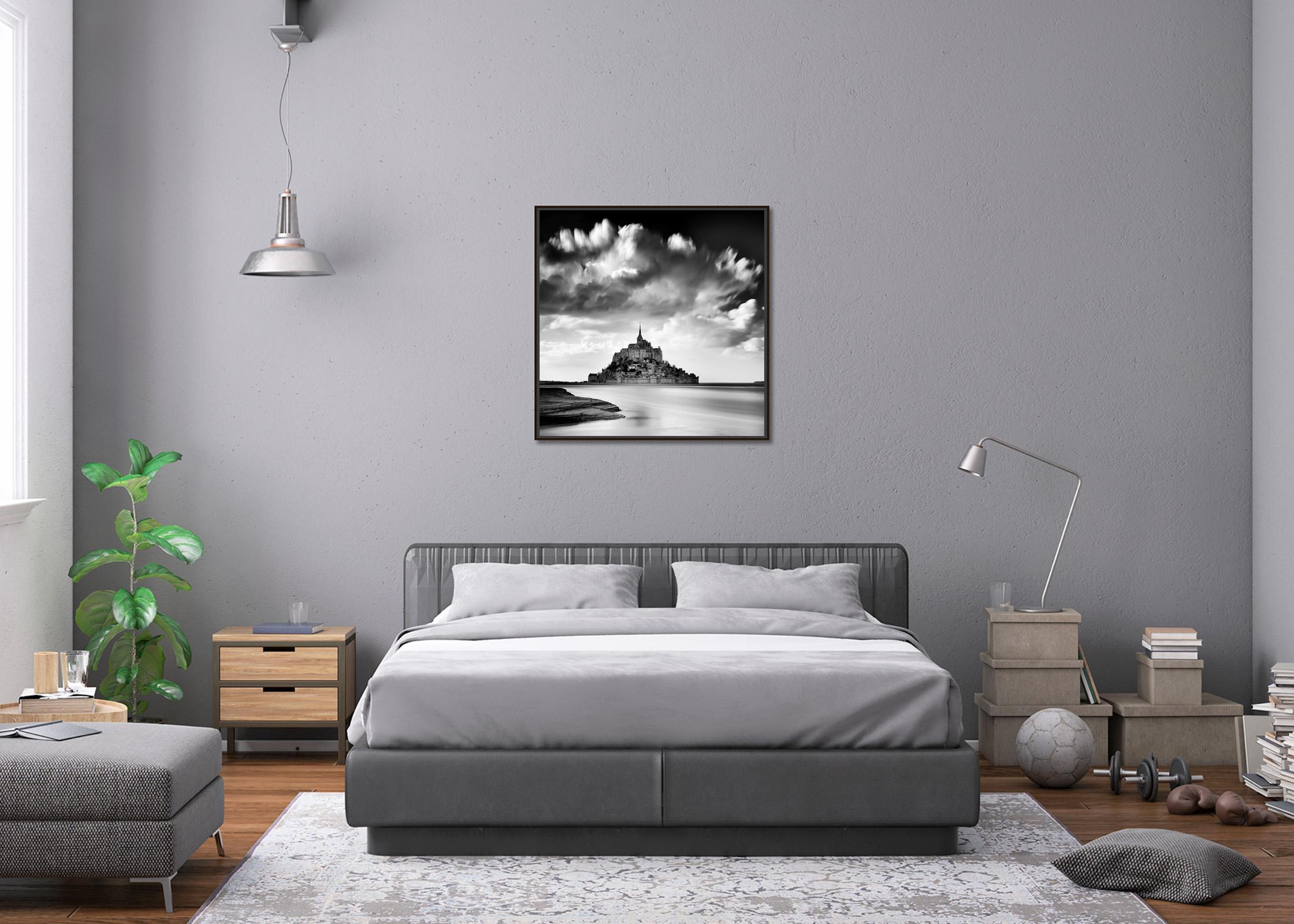 Mont Saint Michel, Impression Cloud, France, black and white art photography For Sale 3
