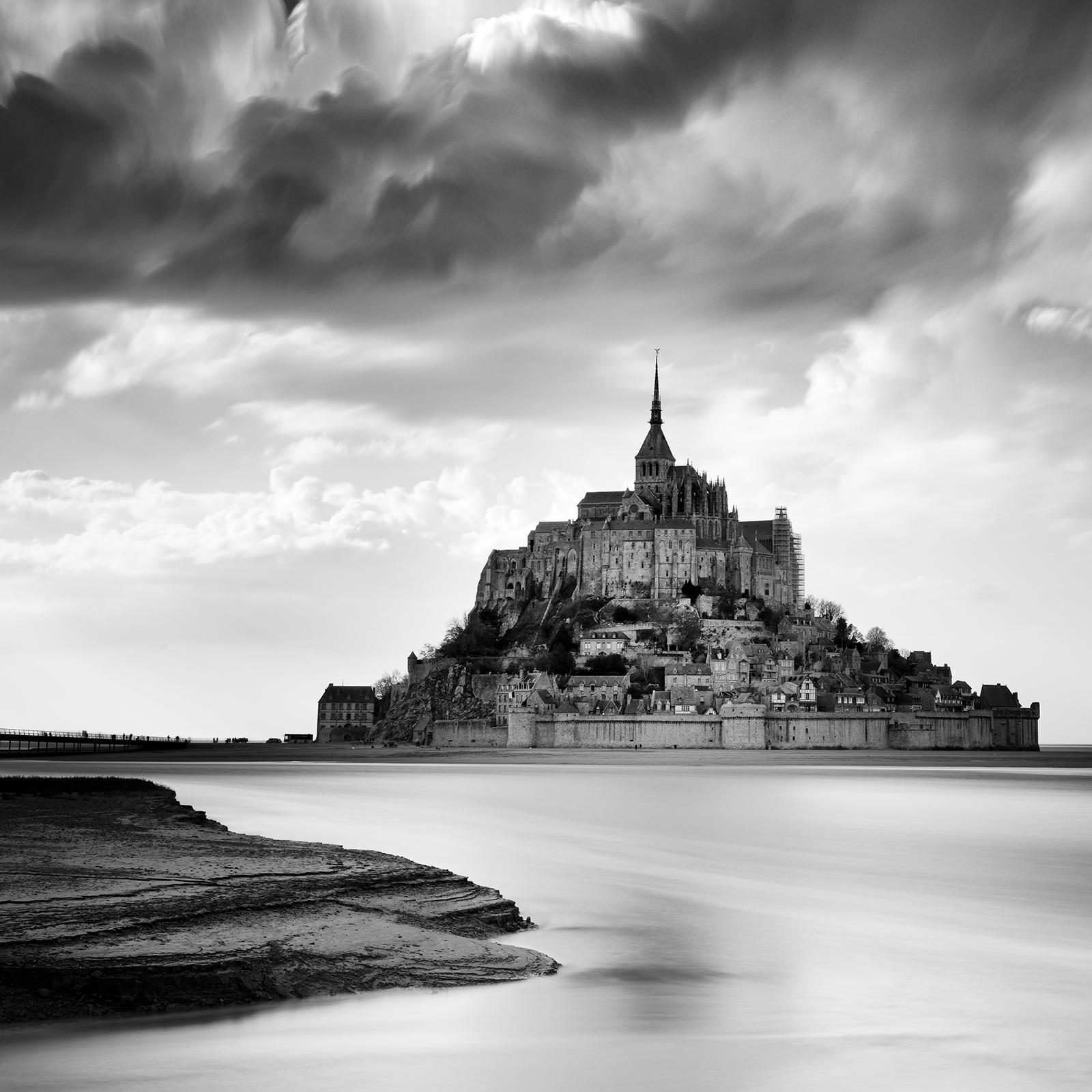 Mont Saint Michel, Impression Cloud, France, black and white art photography For Sale 4