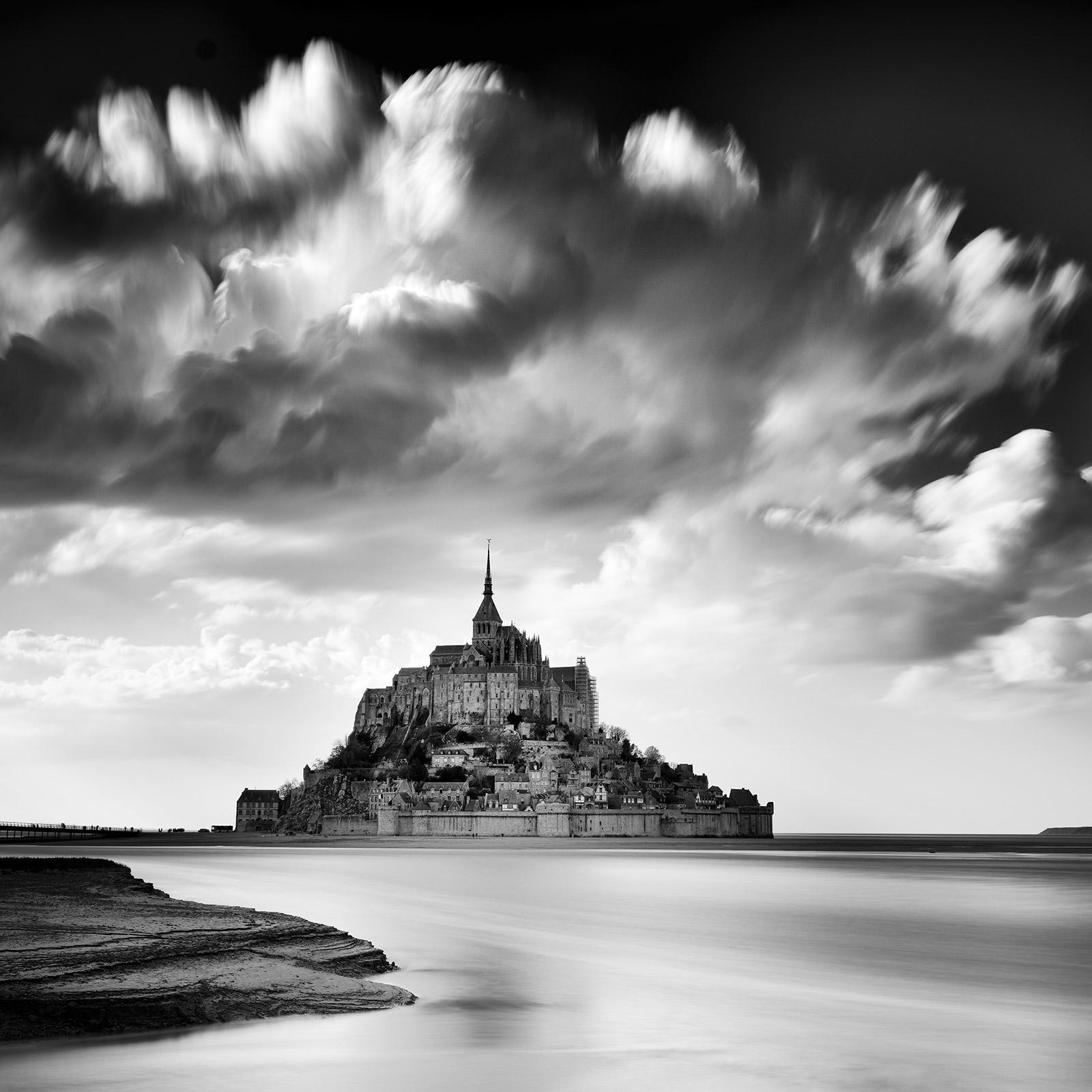 Gerald Berghammer Landscape Photograph - Mont Saint Michel, Impression Cloud, France, black and white art photography